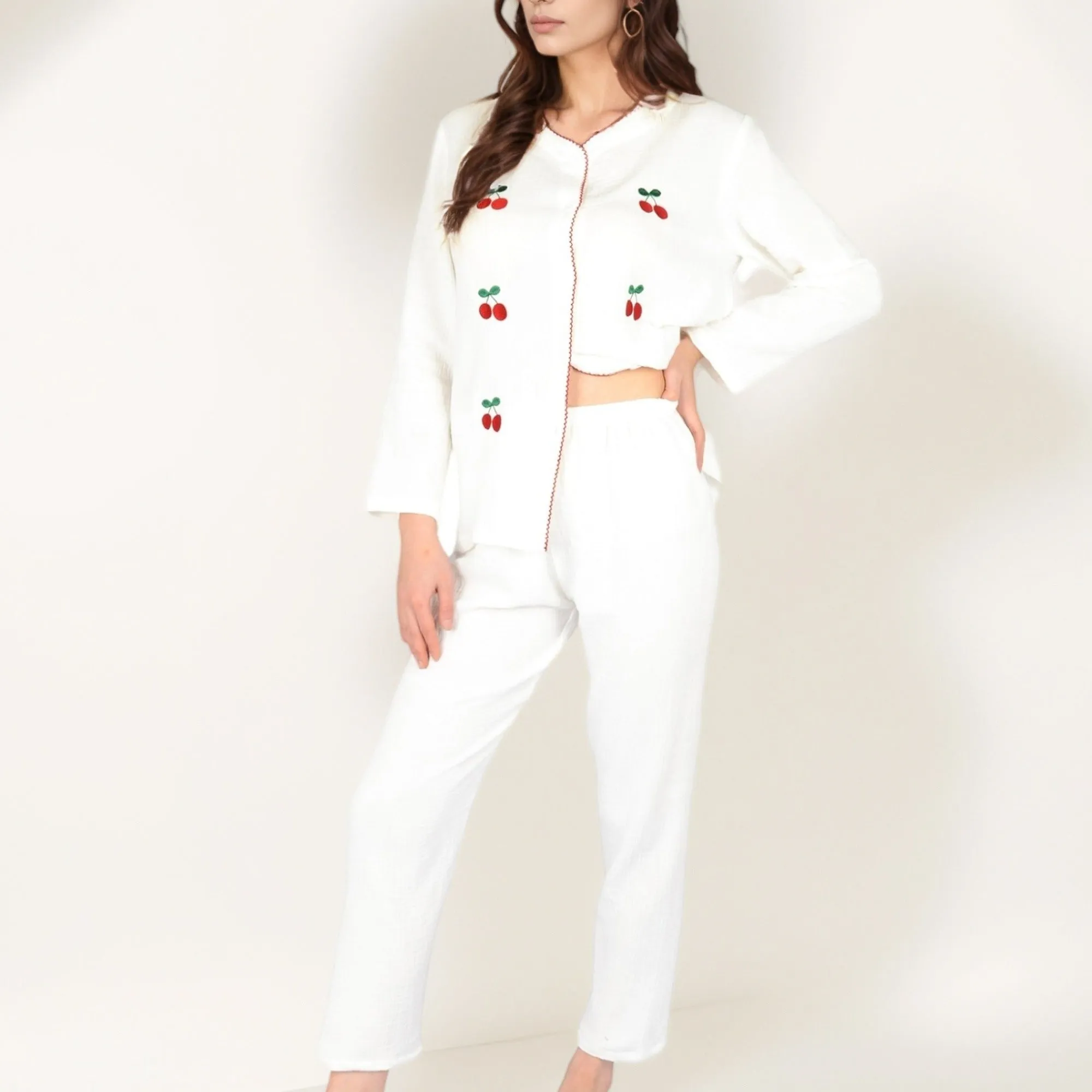 Anna-Kaci Women's Cherry Embroidered Long Sleeve Pajama Set with Button Front Top and Lightweight Relaxed Fit Pants sold by Anna-Kaci product image thumbnail 4