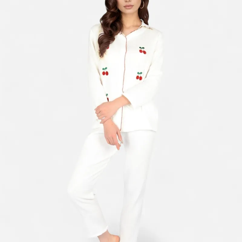 Anna-Kaci Women's Cherry Embroidered Long Sleeve Pajama Set with Button Front Top and Lightweight Relaxed Fit Pants sold by Anna-Kaci