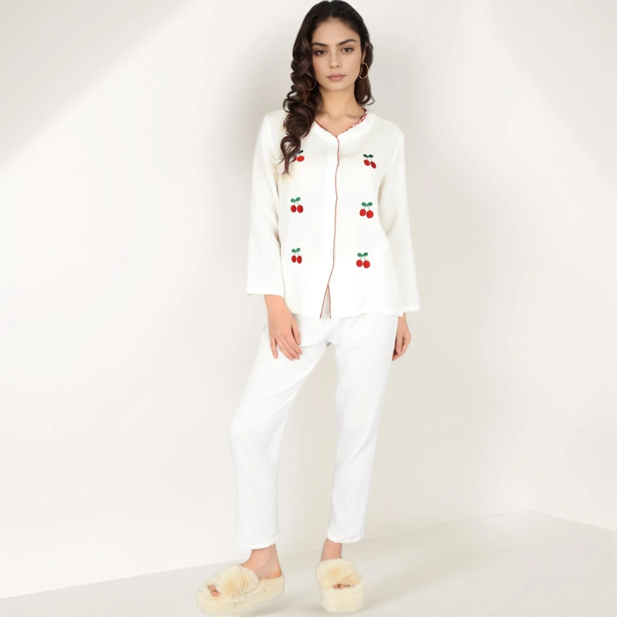 Anna-Kaci Women's Cherry Embroidered Long Sleeve Pajama Set with Button Front Top and Lightweight Relaxed Fit Pants sold by Anna-Kaci product image thumbnail 2