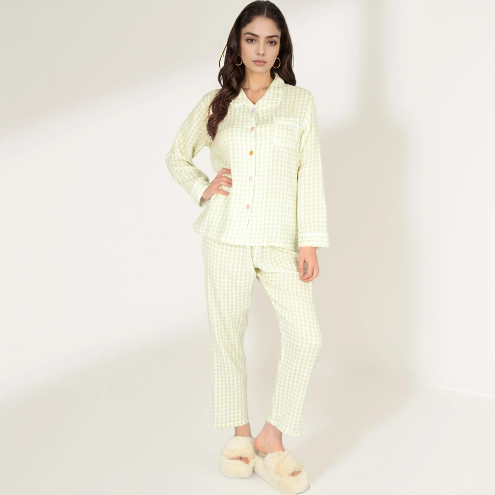 Anna-Kaci Women's Gingham Long Sleeve Pajama Set with Colorful Buttons Chest Pocket and Relaxed Fit Straight Pants sold by Anna-Kaci