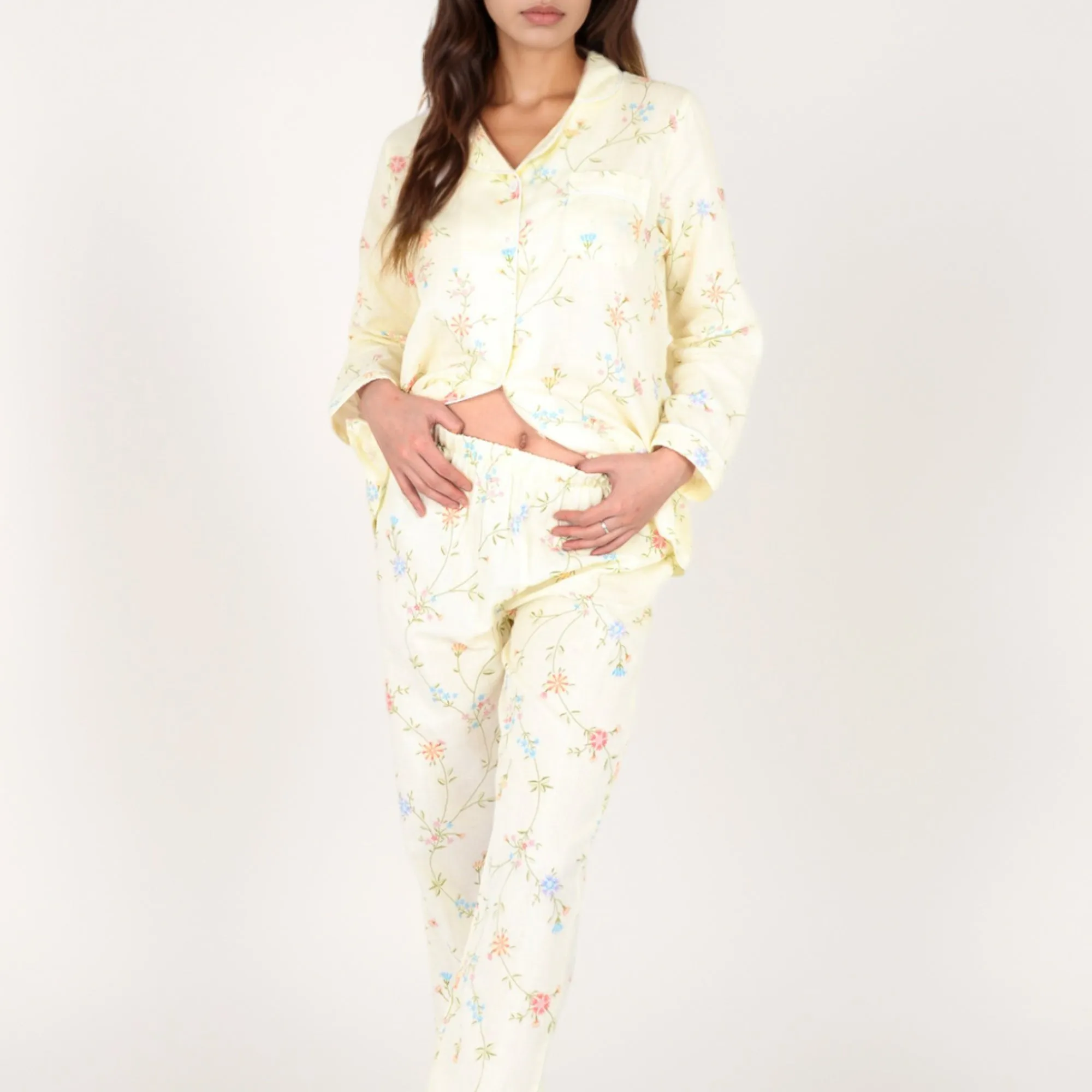 Anna-Kaci Women's Yellow Floral Print Long Sleeve Pajama Set with Button-Up Top Single Chest Pocket and Relaxed Fit Pants sold by Anna-Kaci product image thumbnail 4