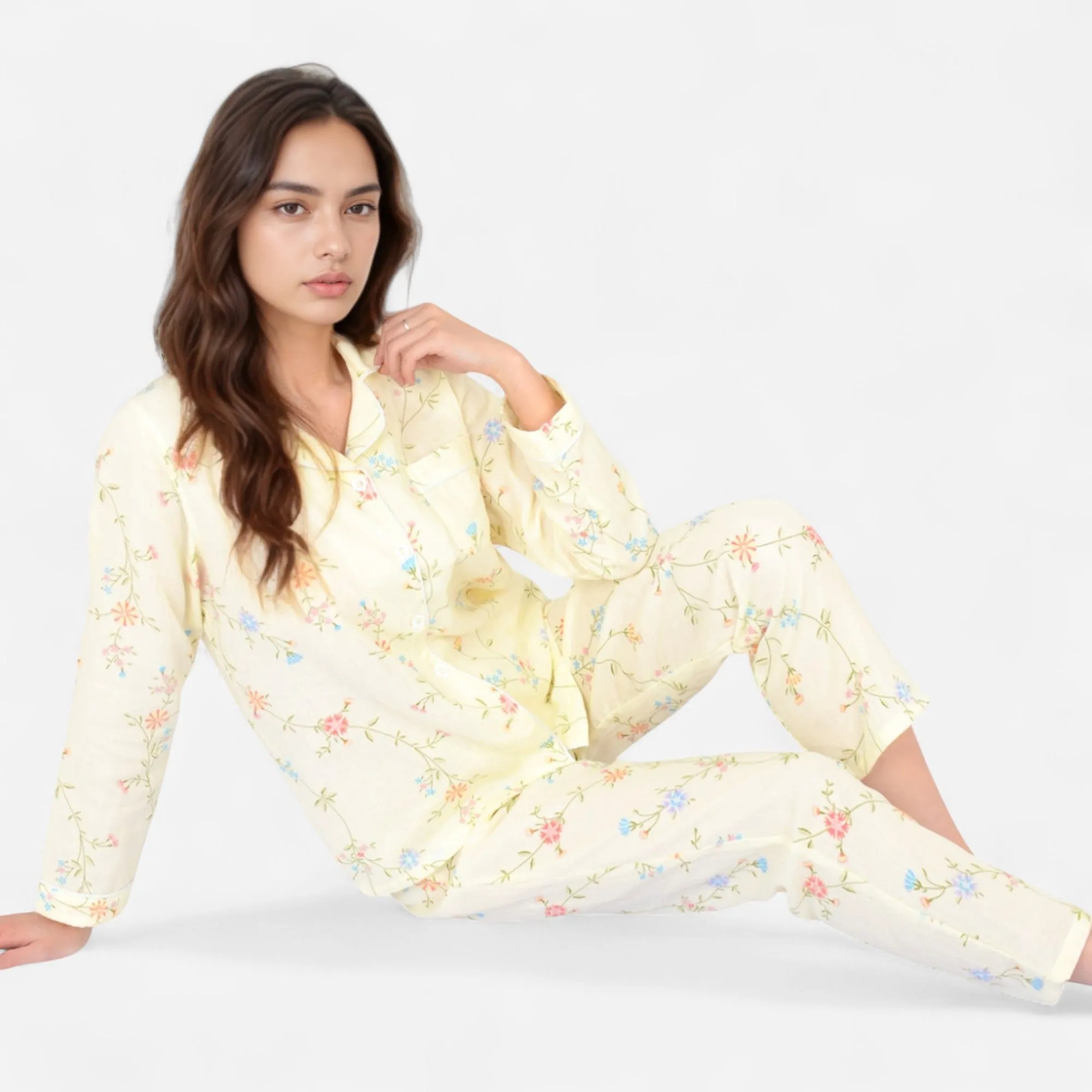 Anna-Kaci Women's Yellow Floral Print Long Sleeve Pajama Set with Button-Up Top Single Chest Pocket and Relaxed Fit Pants sold by Anna-Kaci