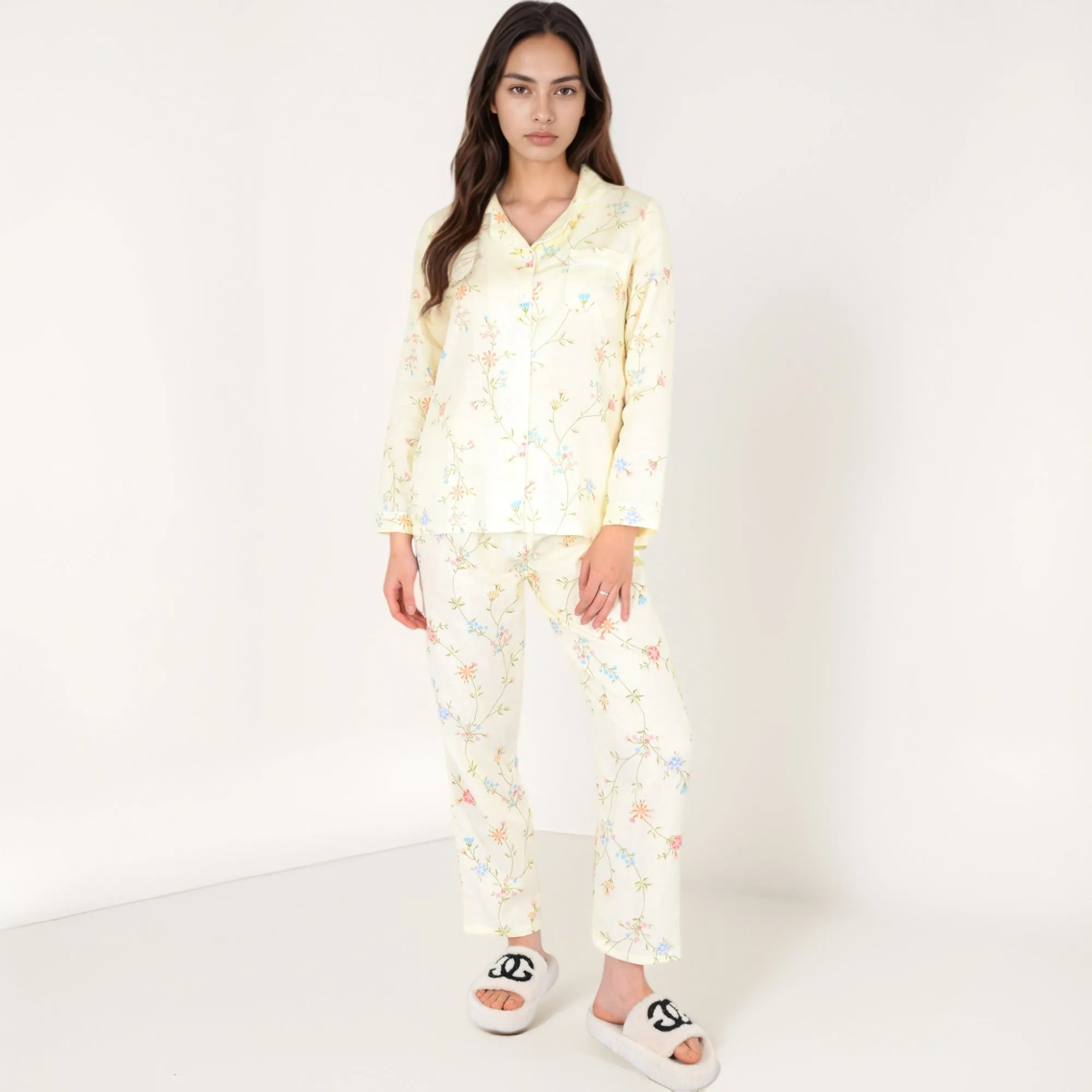 Anna-Kaci Women's Yellow Floral Print Long Sleeve Pajama Set with Button-Up Top Single Chest Pocket and Relaxed Fit Pants sold by Anna-Kaci product image thumbnail 2