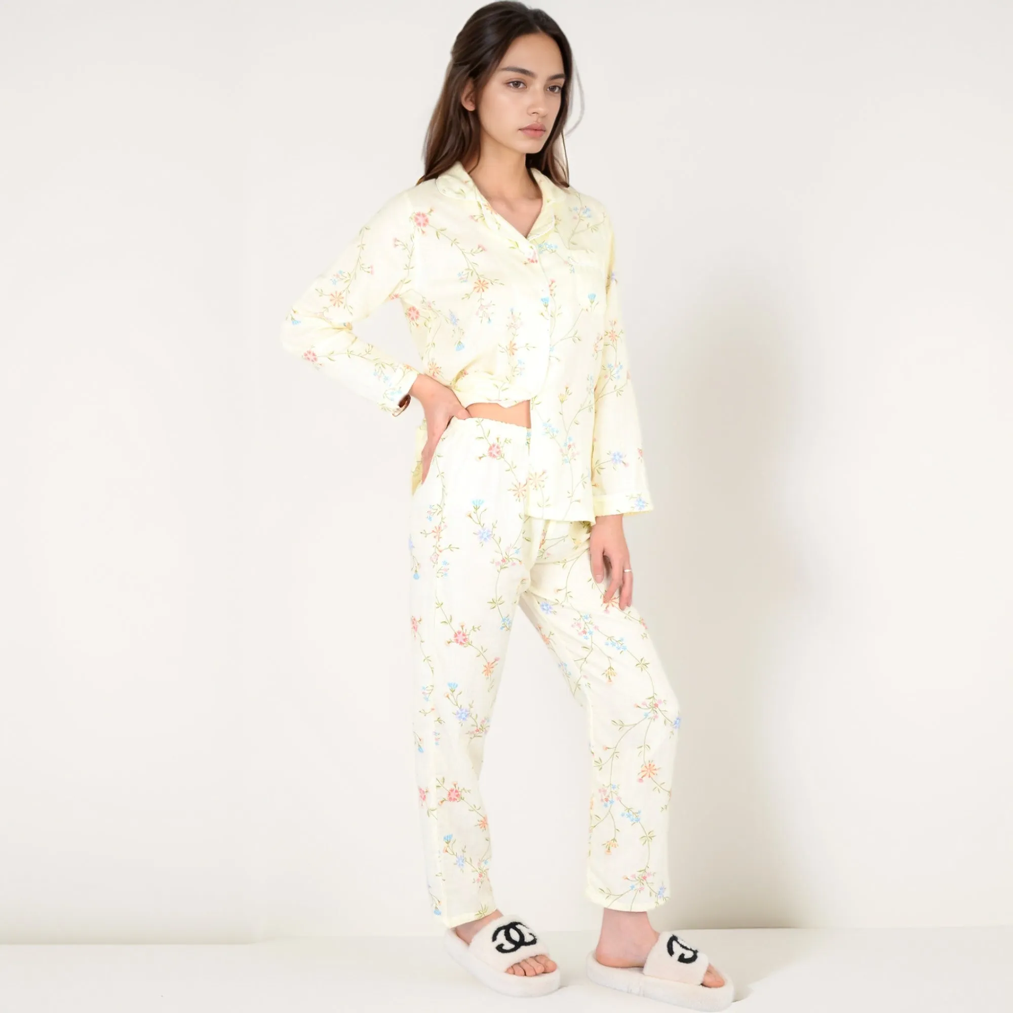 Anna-Kaci Women's Yellow Floral Print Long Sleeve Pajama Set with Button-Up Top Single Chest Pocket and Relaxed Fit Pants sold by Anna-Kaci product image thumbnail 3