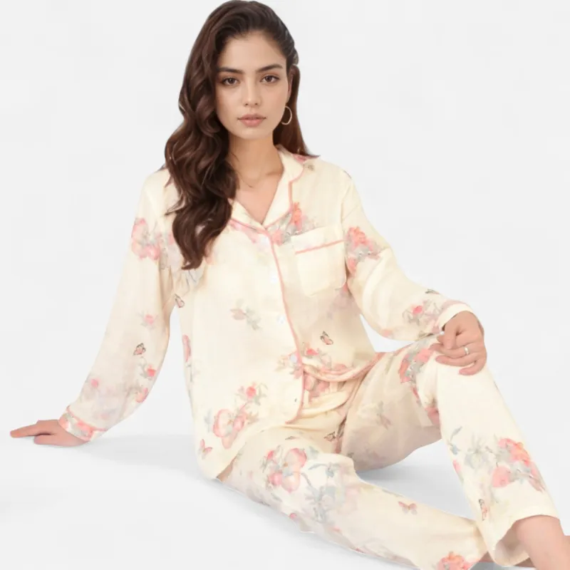 Anna-Kaci Women's Floral Butterfly Print Long Sleeve Pajama Set with Button-Up Top Chest Pocket and Relaxed Fit Pants sold by Anna-Kaci