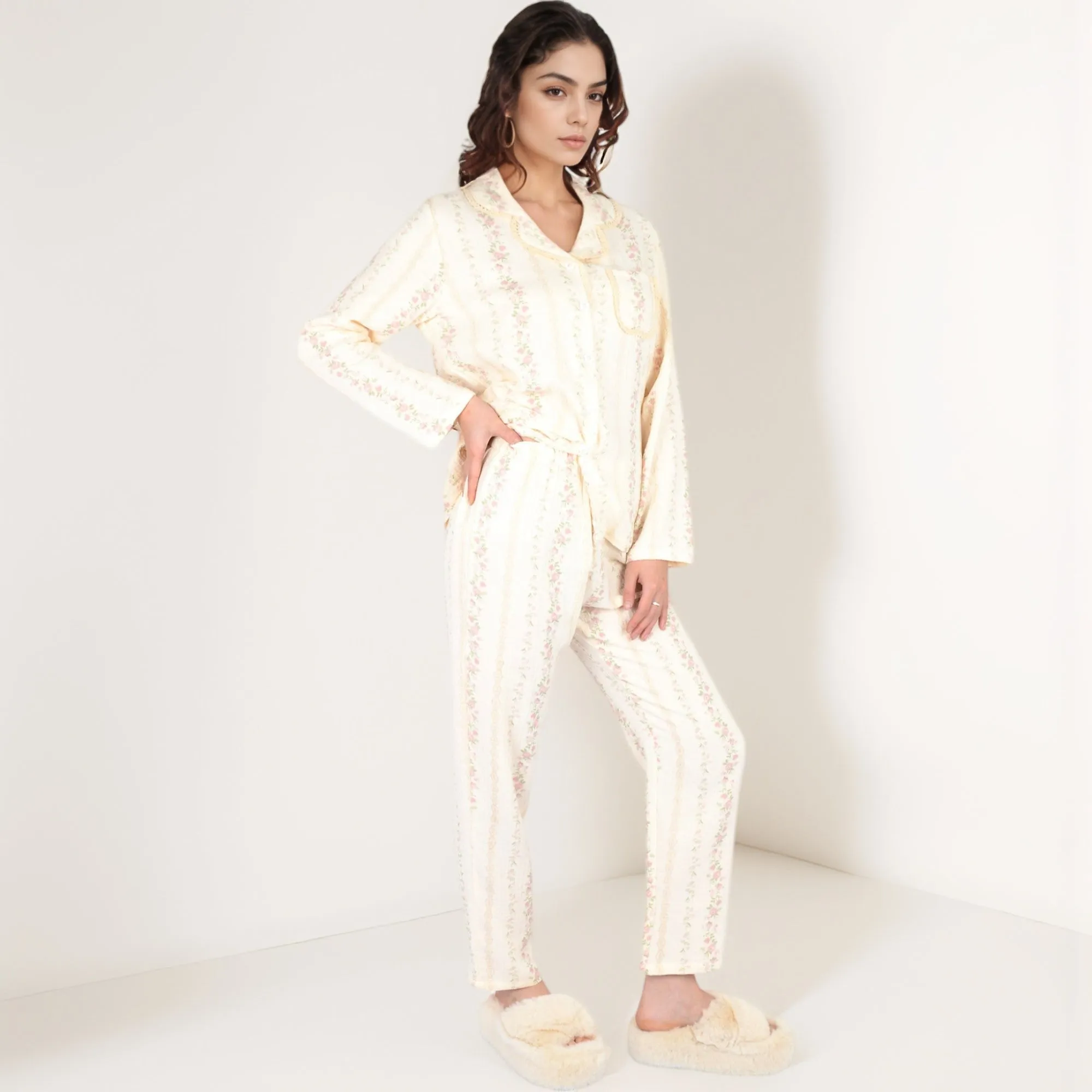 Anna-Kaci Women's Floral Stripe Long Sleeve Pajama Set with Button-Up Top Chest Pocket and Elastic Waist Pants in Lightweight Fabric sold by Anna-Kaci product image thumbnail 3
