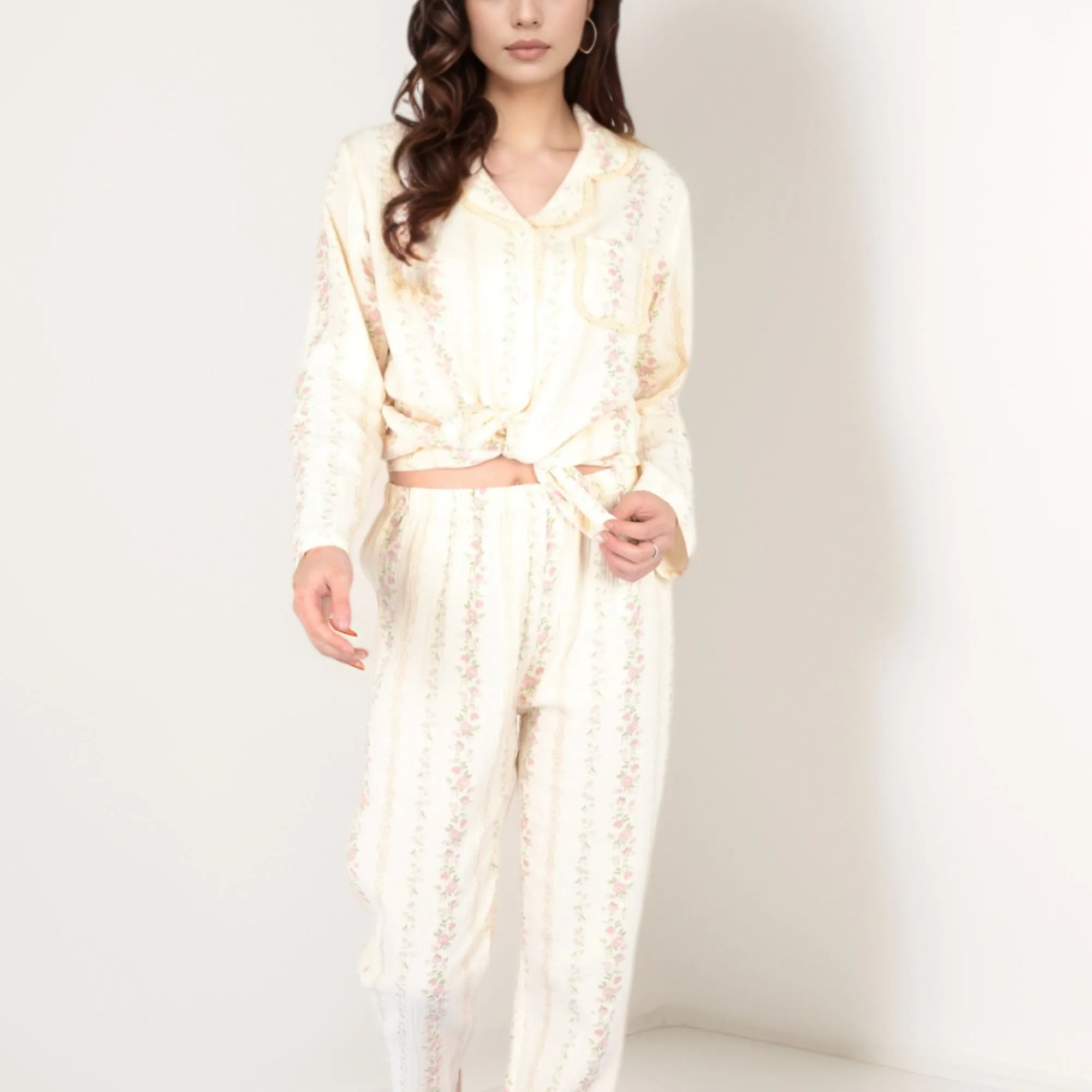 Anna-Kaci Women's Floral Stripe Long Sleeve Pajama Set with Button-Up Top Chest Pocket and Elastic Waist Pants in Lightweight Fabric sold by Anna-Kaci product image thumbnail 4