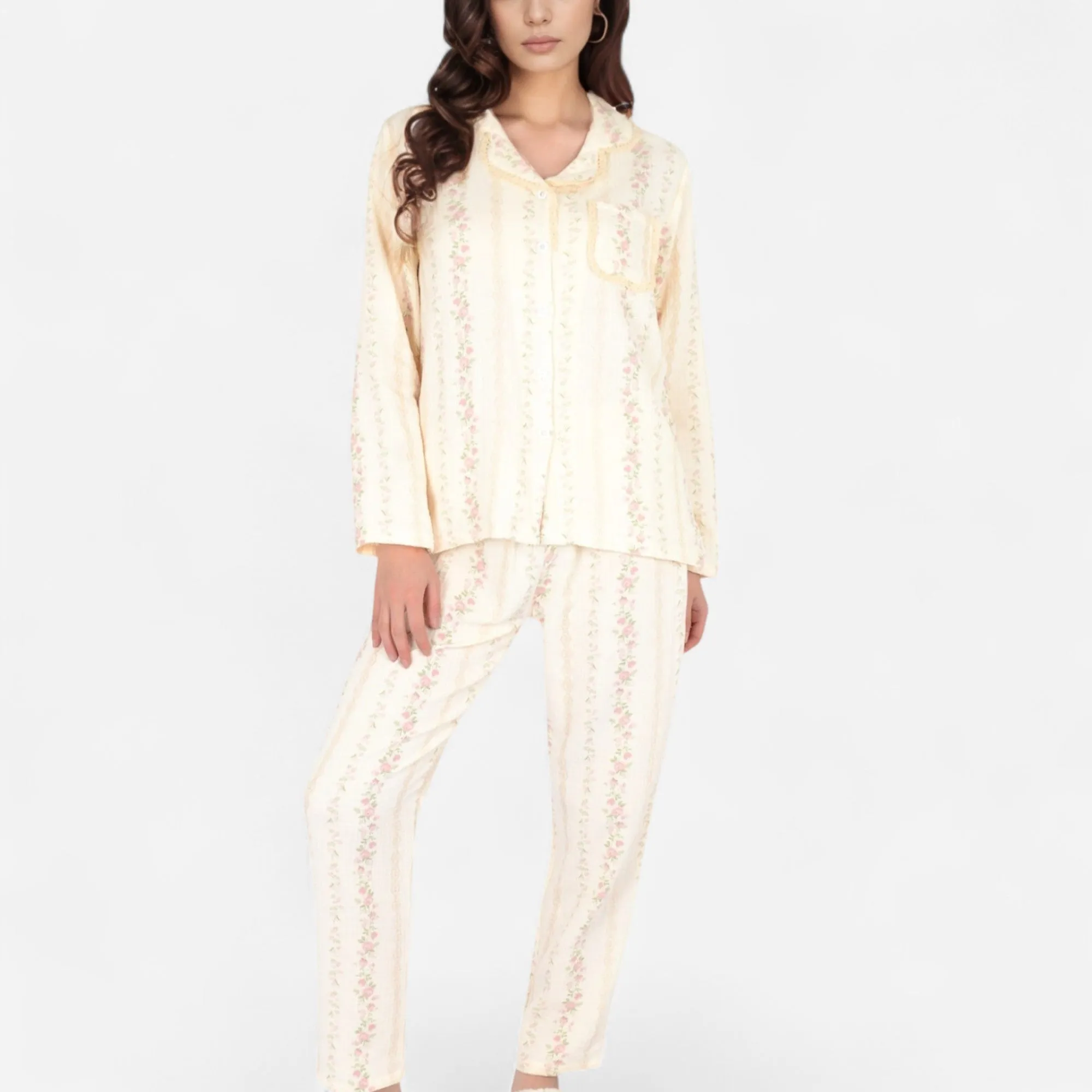 Anna-Kaci Women's Floral Stripe Long Sleeve Pajama Set with Button-Up Top Chest Pocket and Elastic Waist Pants in Lightweight Fabric sold by Anna-Kaci