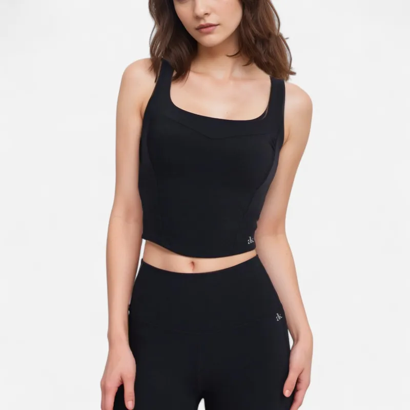 Anna-Kaci Women's Square Neck Active Crop Tank Top with Contour Seams Wide Straps and Sculpting Stretch Performance Fabric sold by Anna-Kaci