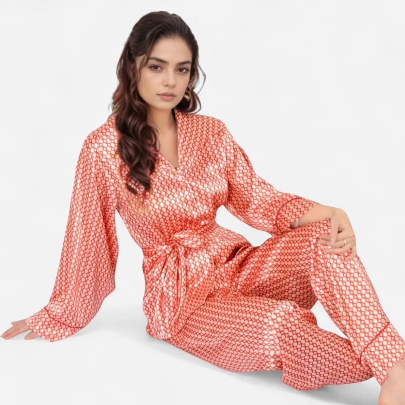 Anna-Kaci Women's Printed Satin Pajama Set with Long Sleeve Wrap Top Self-Tie Waist and Full-Length Relaxed Fit Lounge Pants sold by Anna-Kaci