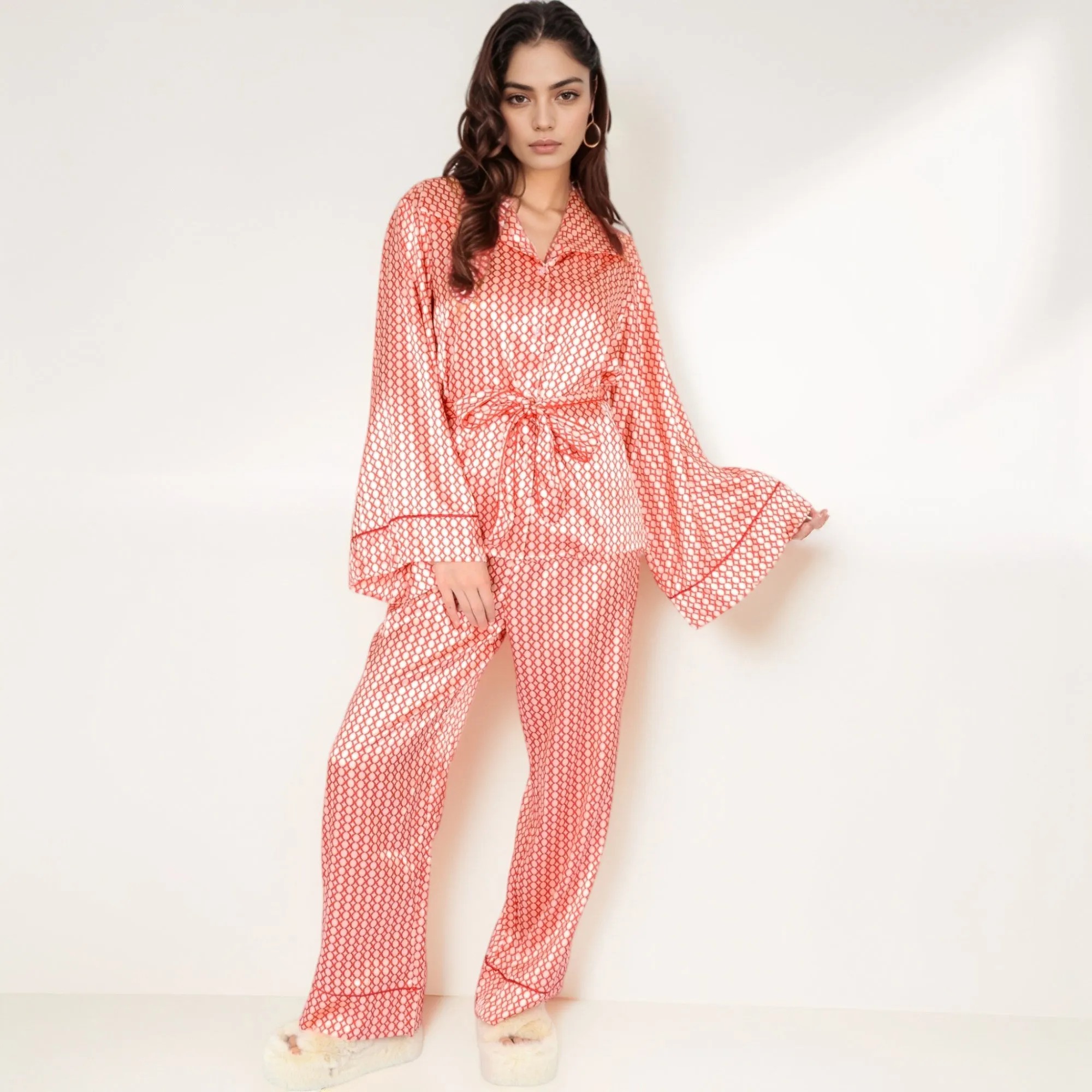 Anna-Kaci Women's Printed Satin Pajama Set with Long Sleeve Wrap Top Self-Tie Waist and Full-Length Relaxed Fit Lounge Pants sold by Anna-Kaci product image thumbnail 2