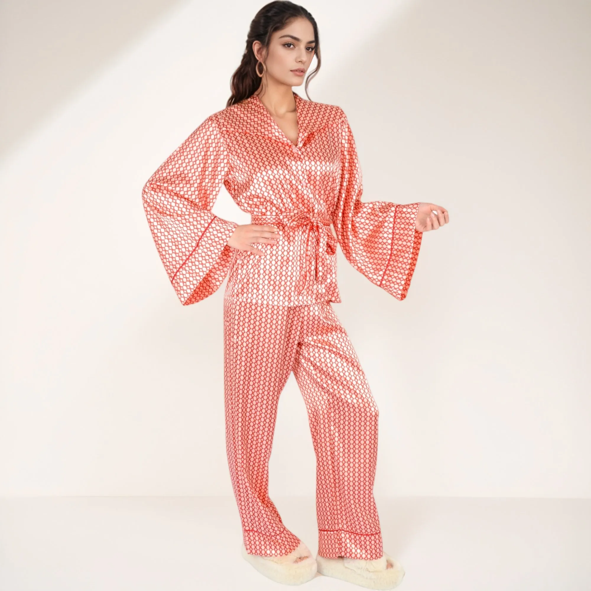 Anna-Kaci Women's Printed Satin Pajama Set with Long Sleeve Wrap Top Self-Tie Waist and Full-Length Relaxed Fit Lounge Pants sold by Anna-Kaci product image thumbnail 3