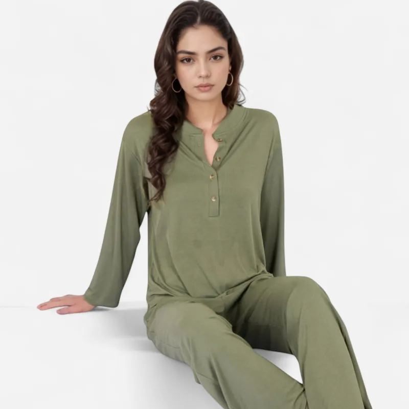 Anna-Kaci Women's Henley Pajama Set with Long Sleeve Button-Front Top Relaxed Fit and Full-Length Stretch Lounge Pants sold by Anna-Kaci