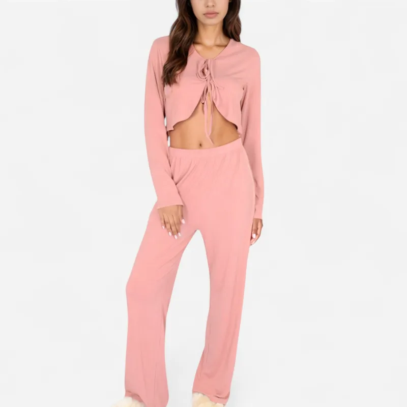 Anna-Kaci Women's Long Sleeve Pajama Set with Tie Front Cropped Top and Relaxed Fit High Waist Full-Length Lounge Pants sold by Anna-Kaci