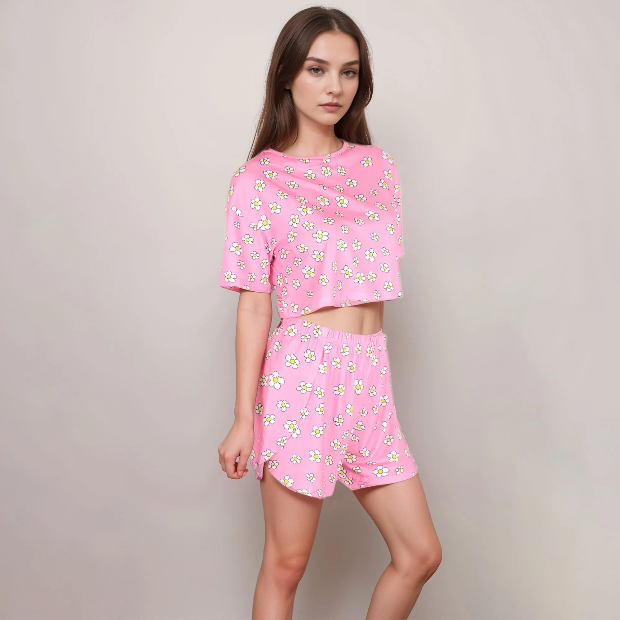 Anna-Kaci Women's Daisy Print Pajama Set with Cropped Short Sleeve Top Crew Neckline and Elastic Waist Relaxed Fit Shorts sold by Anna-Kaci product image thumbnail 3