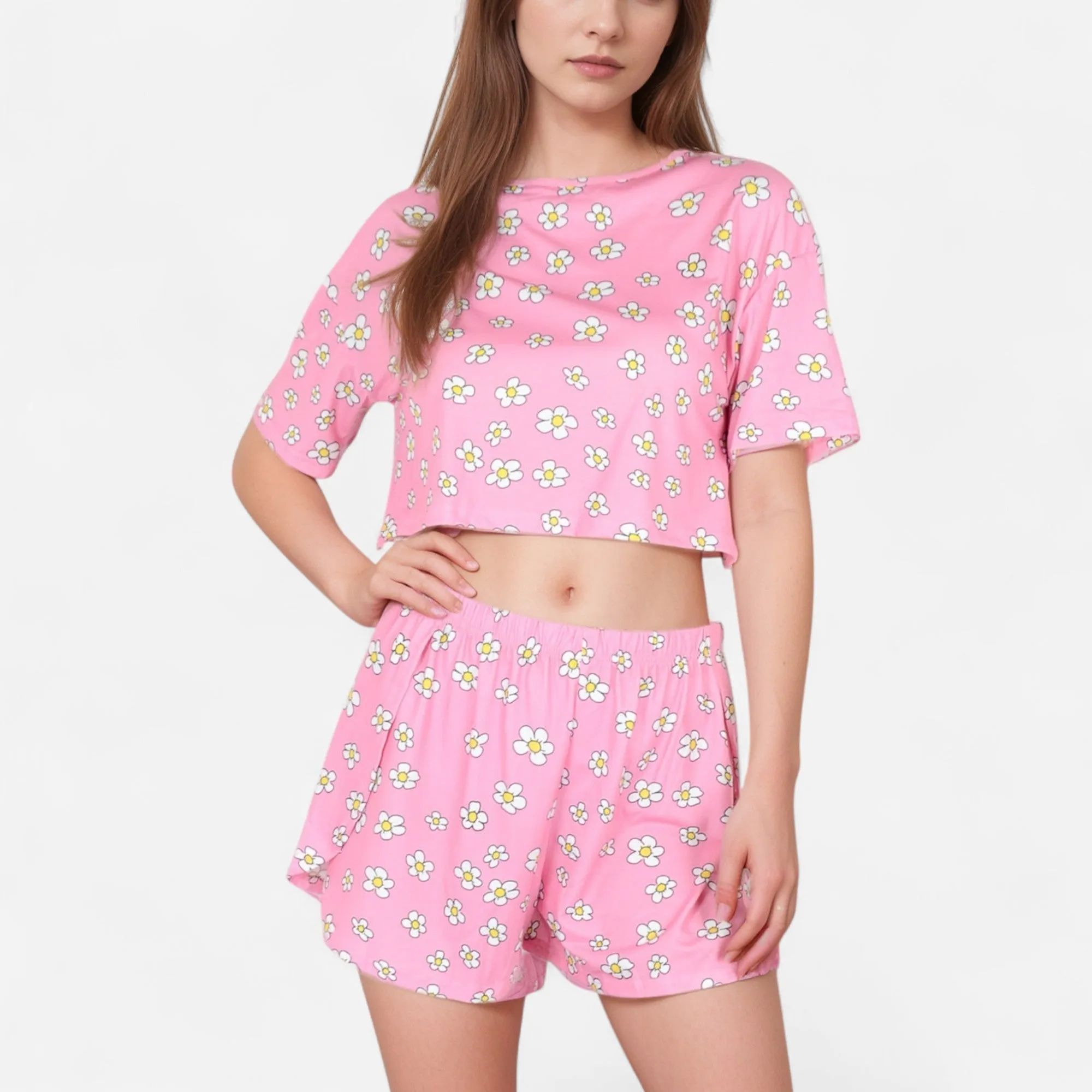 Anna-Kaci Women's Daisy Print Pajama Set with Cropped Short Sleeve Top Crew Neckline and Elastic Waist Relaxed Fit Shorts sold by Anna-Kaci