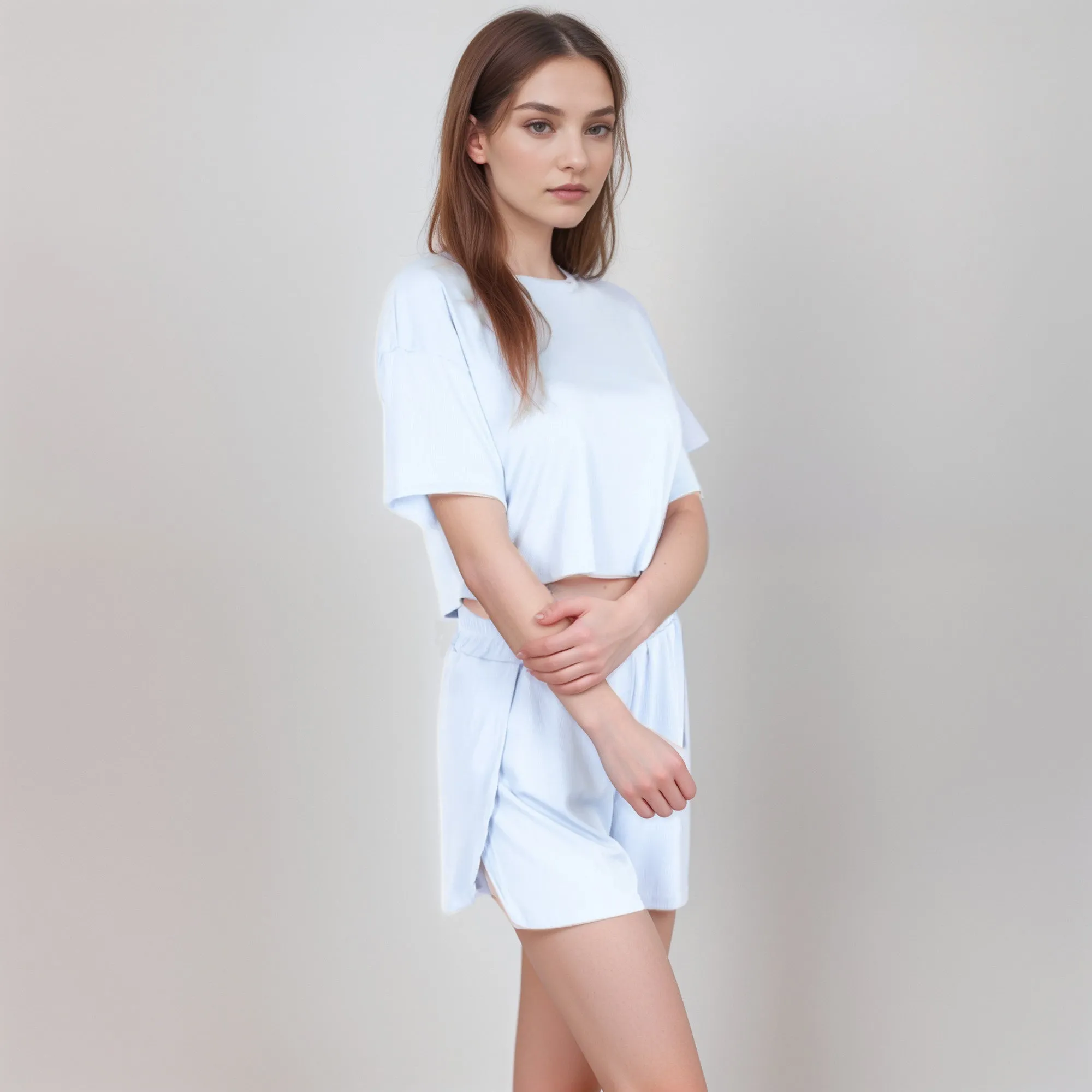 Anna-Kaci Women's Ribbed Pajama Set with Cropped Short Sleeve Top Crew Neckline and Elastic Waist Lounge Shorts sold by Anna-Kaci product image thumbnail 3