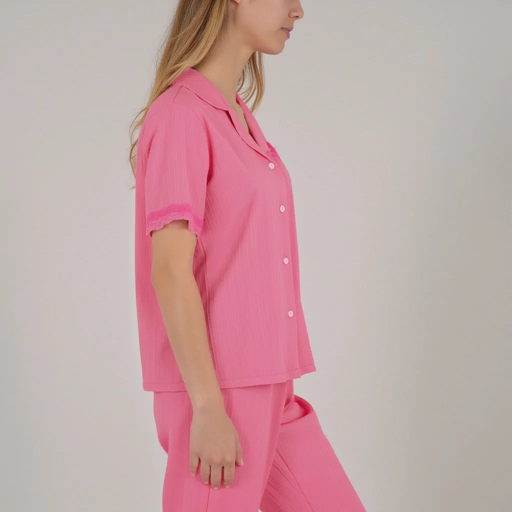Anna-Kaci Women's Short Sleeve Pajama Set with Button-Up Top Lace Trim Sleeves Chest Pocket and Relaxed Fit Lounge Pants sold by Anna-Kaci product image thumbnail 3