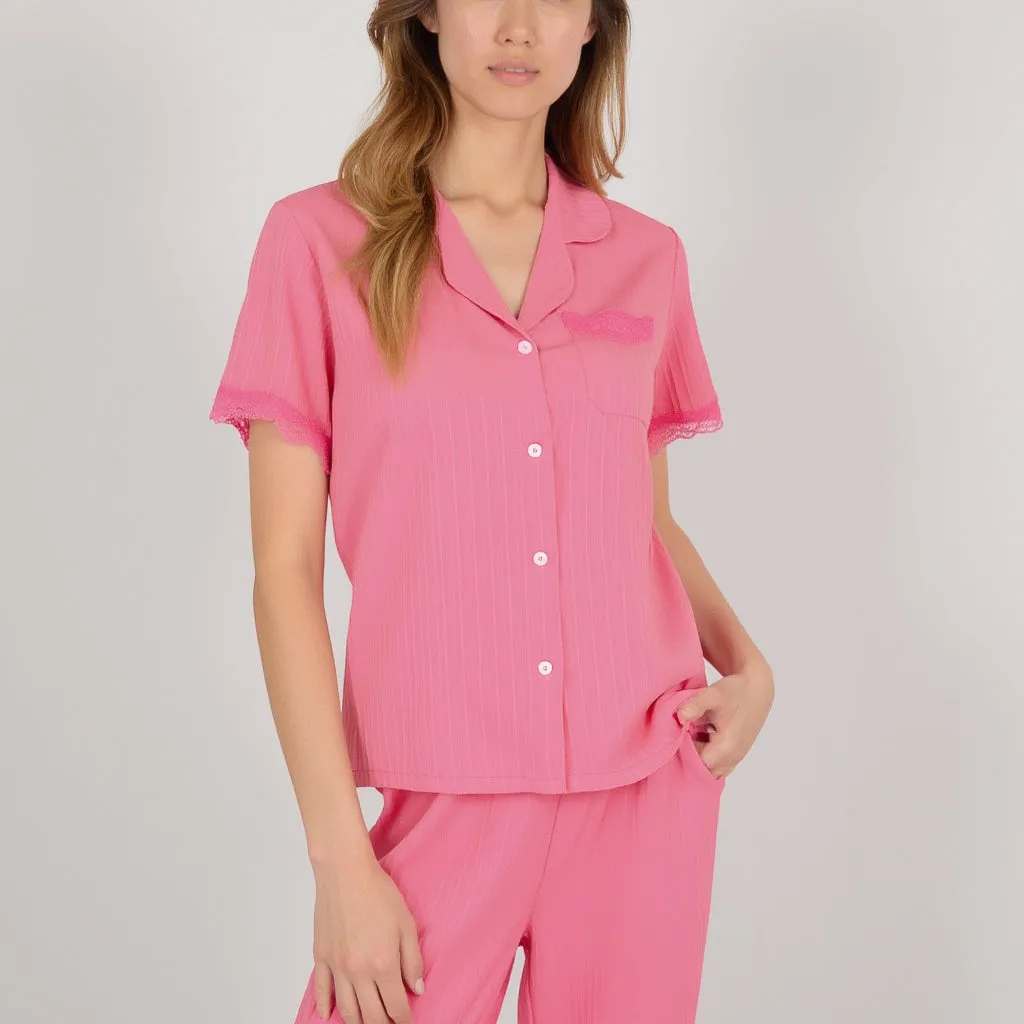 Anna-Kaci Women's Short Sleeve Pajama Set with Button-Up Top Lace Trim Sleeves Chest Pocket and Relaxed Fit Lounge Pants sold by Anna-Kaci product image thumbnail 4