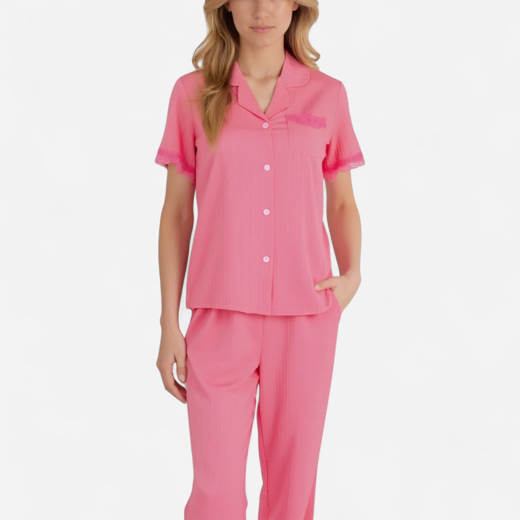 Anna-Kaci Women's Short Sleeve Pajama Set with Button-Up Top Lace Trim Sleeves Chest Pocket and Relaxed Fit Lounge Pants sold by Anna-Kaci