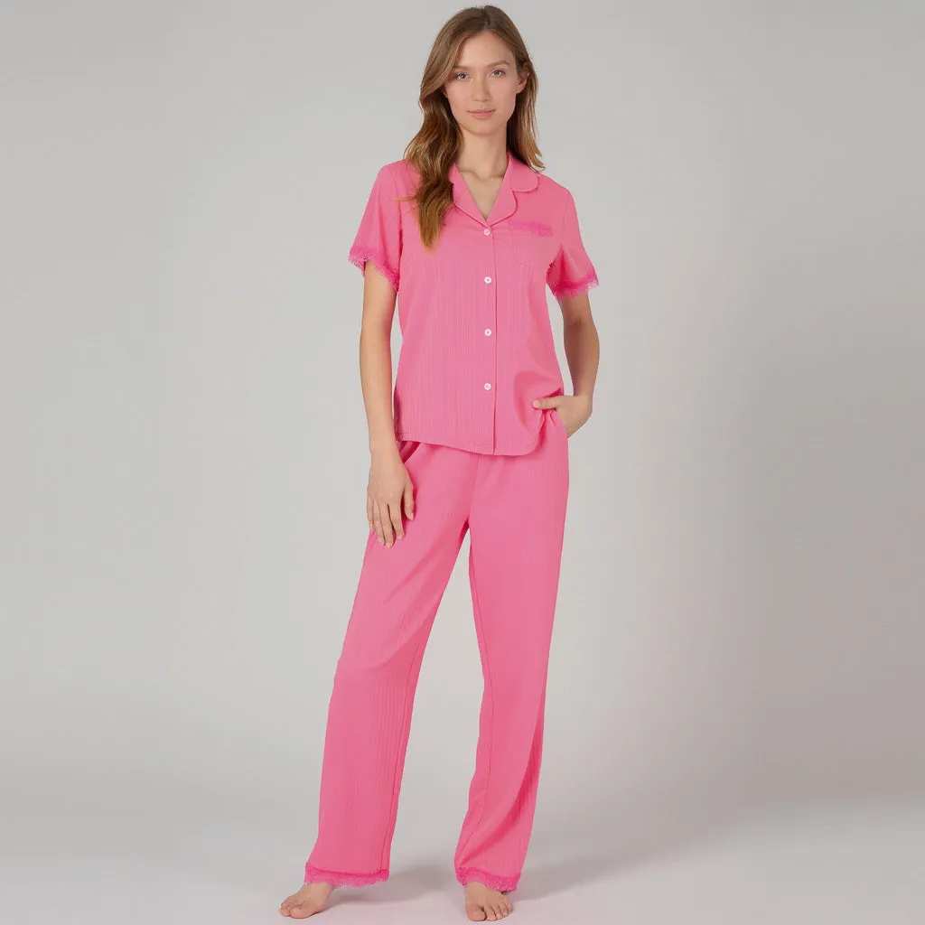 Anna-Kaci Women's Short Sleeve Pajama Set with Button-Up Top Lace Trim Sleeves Chest Pocket and Relaxed Fit Lounge Pants sold by Anna-Kaci product image thumbnail 2