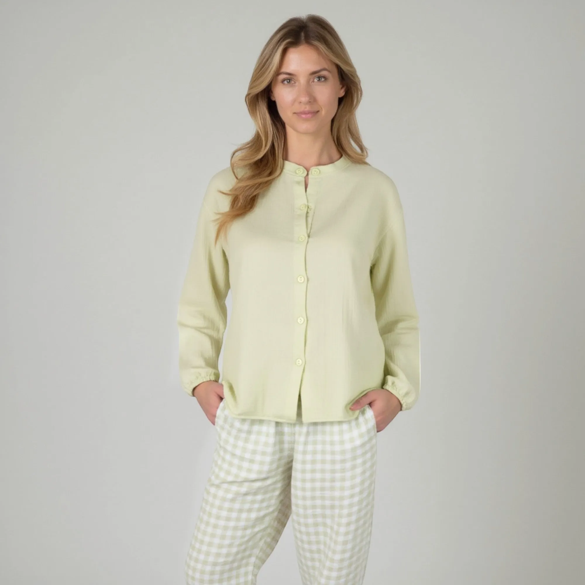 Anna-Kaci Women's Woven Pajama Set with Long Sleeve Button-Up Top Elastic Cuff Sleeves and Relaxed Gingham Print Lounge Pants sold by Anna-Kaci product image thumbnail 2