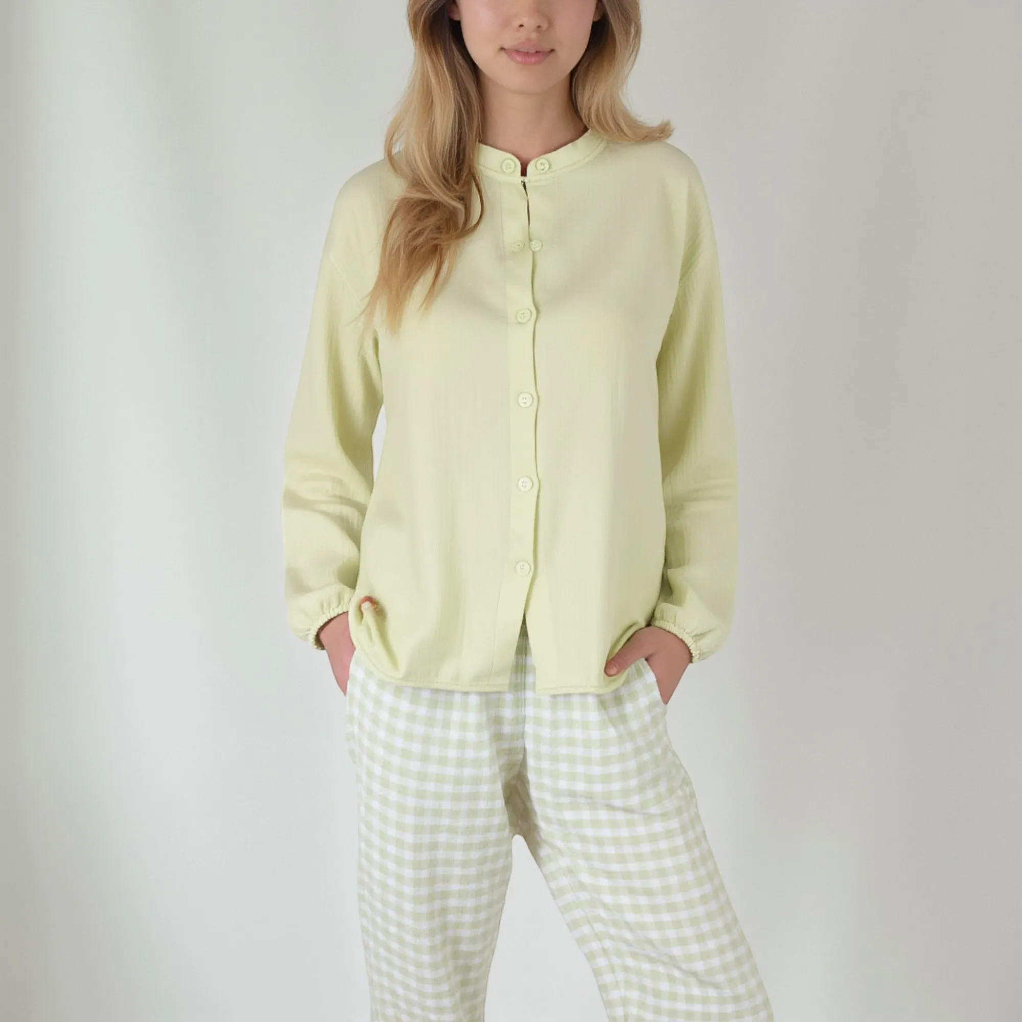 Anna-Kaci Women's Woven Pajama Set with Long Sleeve Button-Up Top Elastic Cuff Sleeves and Relaxed Gingham Print Lounge Pants sold by Anna-Kaci product image thumbnail 4