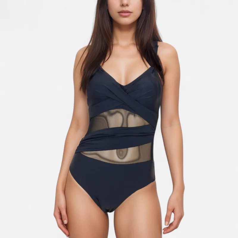 Anna-Kaci Women's Mesh Panel One Piece Swimsuit with Crossover Bust Detail Gold Ring Straps and Contouring Waist Wrap Design sold by Anna-Kaci