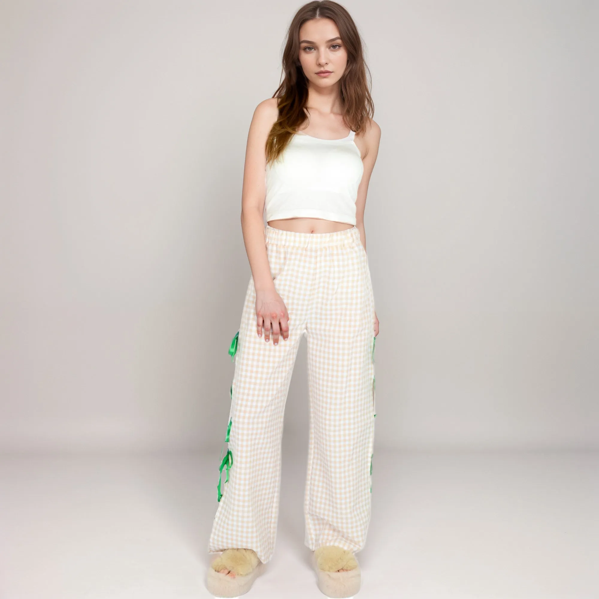 Anna-Kaci Women's Gingham Wide Leg Pants with Elastic Waistband Contrast Side Ribbon Tie Details and Relaxed Full-Length Fit sold by Anna-Kaci product image thumbnail 2