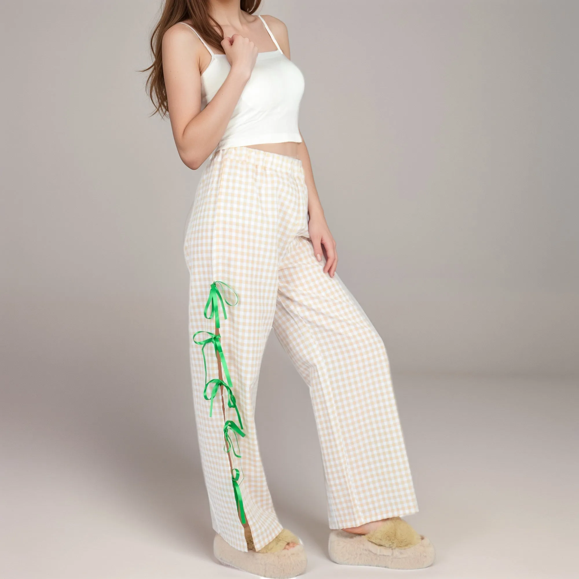 Anna-Kaci Women's Gingham Wide Leg Pants with Elastic Waistband Contrast Side Ribbon Tie Details and Relaxed Full-Length Fit sold by Anna-Kaci product image thumbnail 3