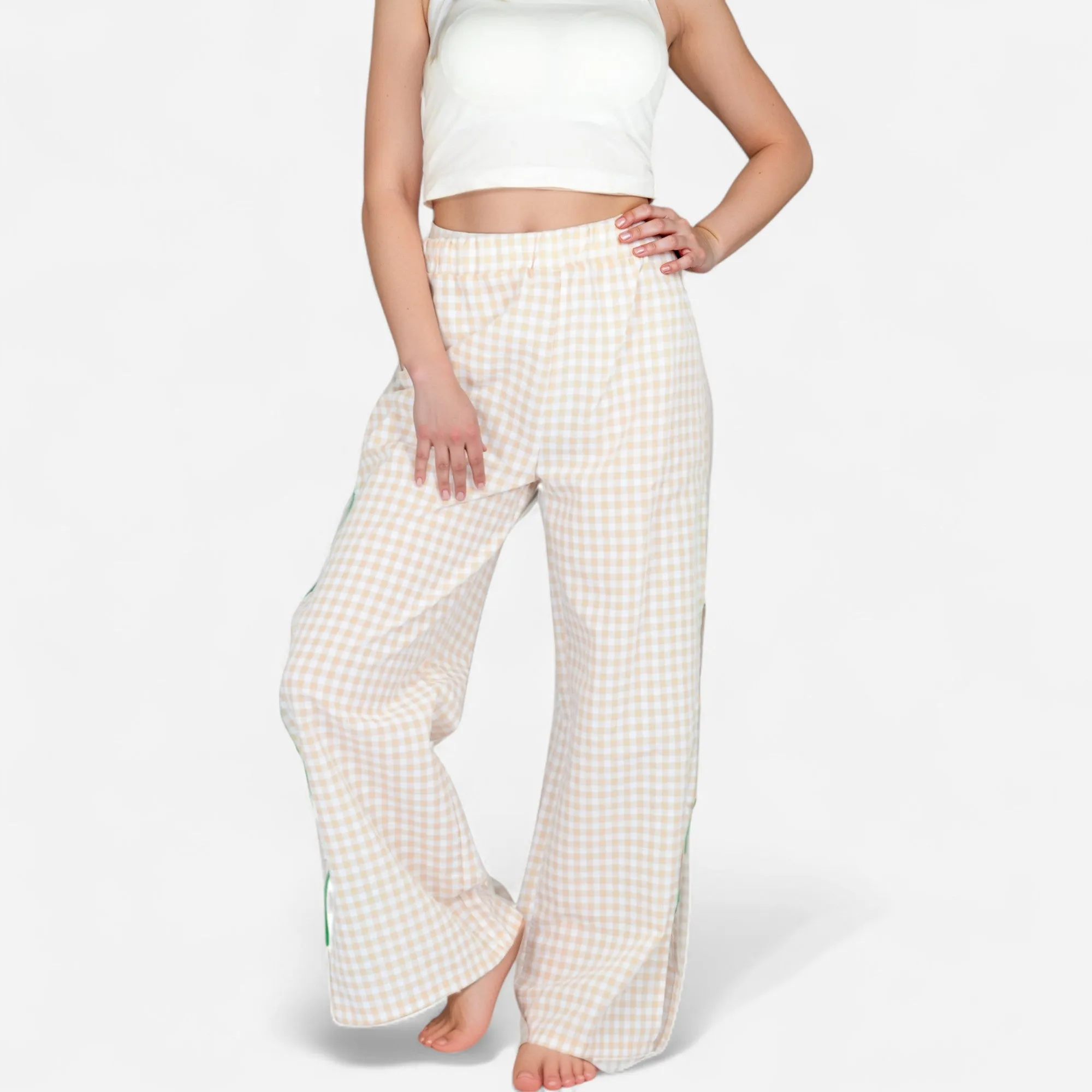 Anna-Kaci Women's Gingham Wide Leg Pants with Elastic Waistband Contrast Side Ribbon Tie Details and Relaxed Full-Length Fit sold by Anna-Kaci