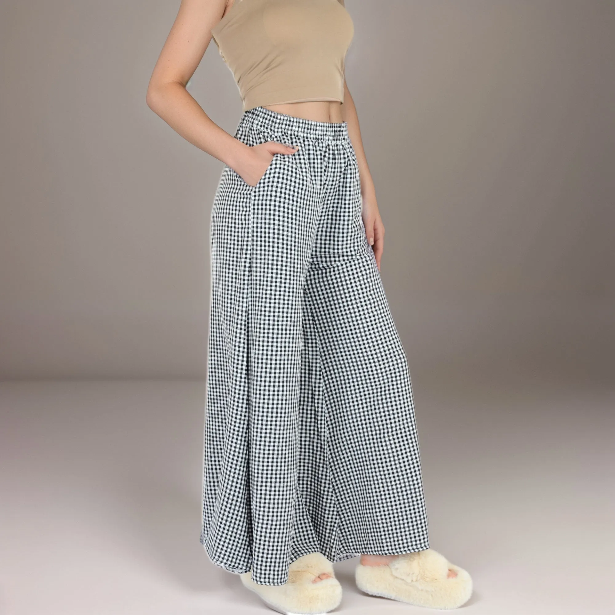 Anna-Kaci Women's Gingham Wide Leg Lounge Pants with Elastic Waistband Side Pockets and Soft Draped Full-Length Fit sold by Anna-Kaci product image thumbnail 3