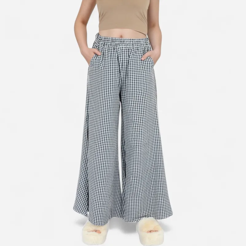 Anna-Kaci Women's Gingham Wide Leg Lounge Pants with Elastic Waistband Side Pockets and Soft Draped Full-Length Fit sold by Anna-Kaci