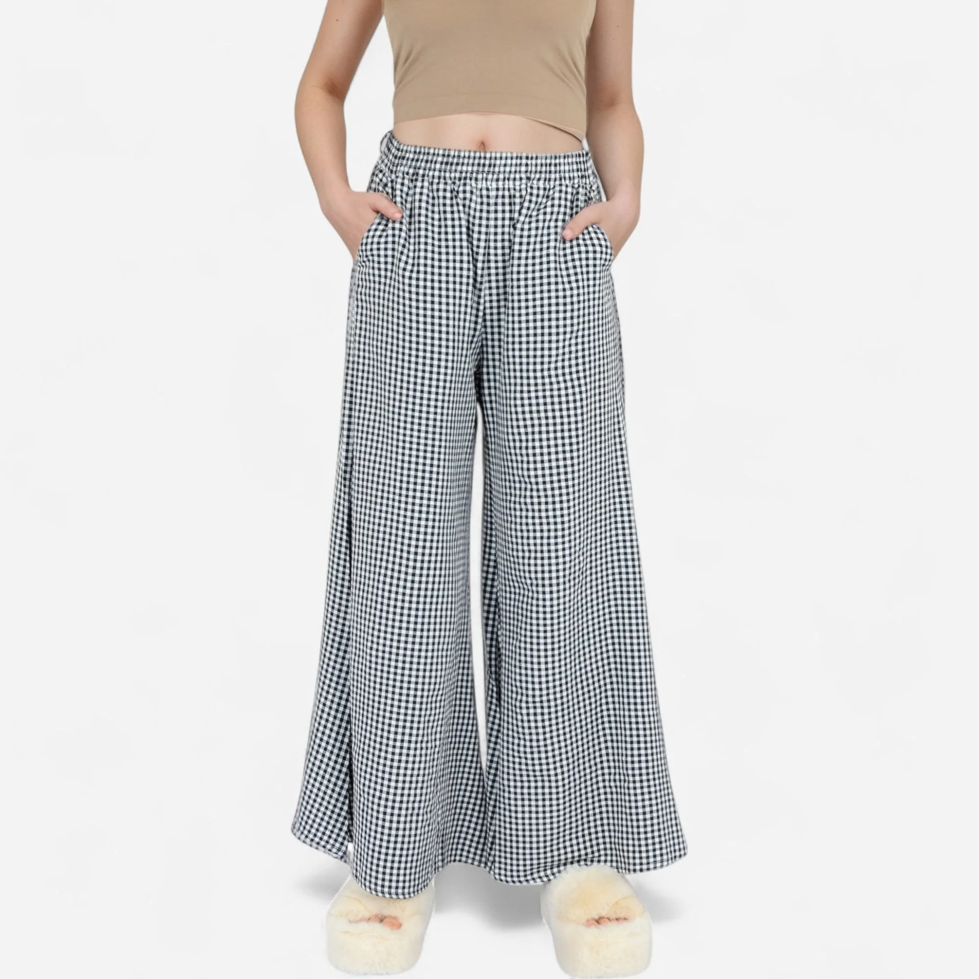 Anna-Kaci Women's Gingham Wide Leg Lounge Pants with Elastic Waistband Side Pockets and Soft Draped Full-Length Fit sold by Anna-Kaci