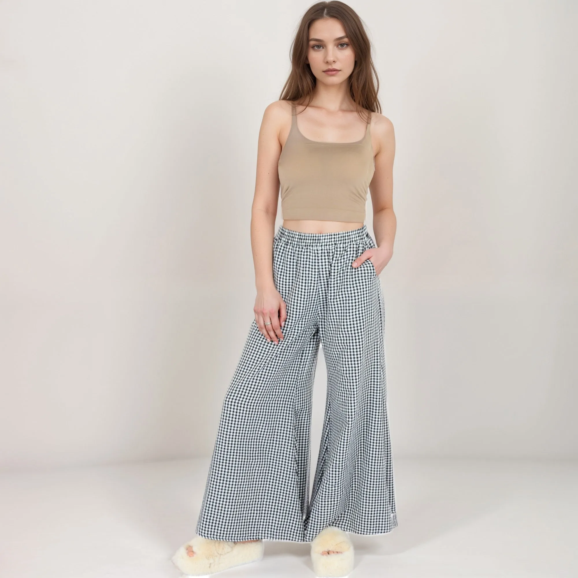 Anna-Kaci Women's Gingham Wide Leg Lounge Pants with Elastic Waistband Side Pockets and Soft Draped Full-Length Fit sold by Anna-Kaci product image thumbnail 2