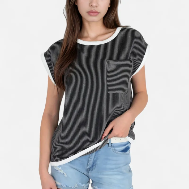 Anna-Kaci Women's Sleeveless Striped Knit Top with Contrast Trim and Chest Pocket Detail sold by Anna-Kaci