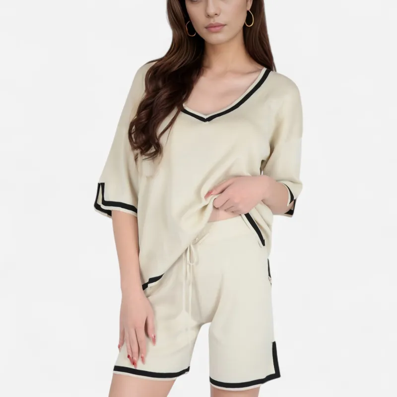 Anna-Kaci Women's Knit Lounge Set with V-Neck Top and Drawstring Shorts Featuring Contrast Trim sold by Anna-Kaci