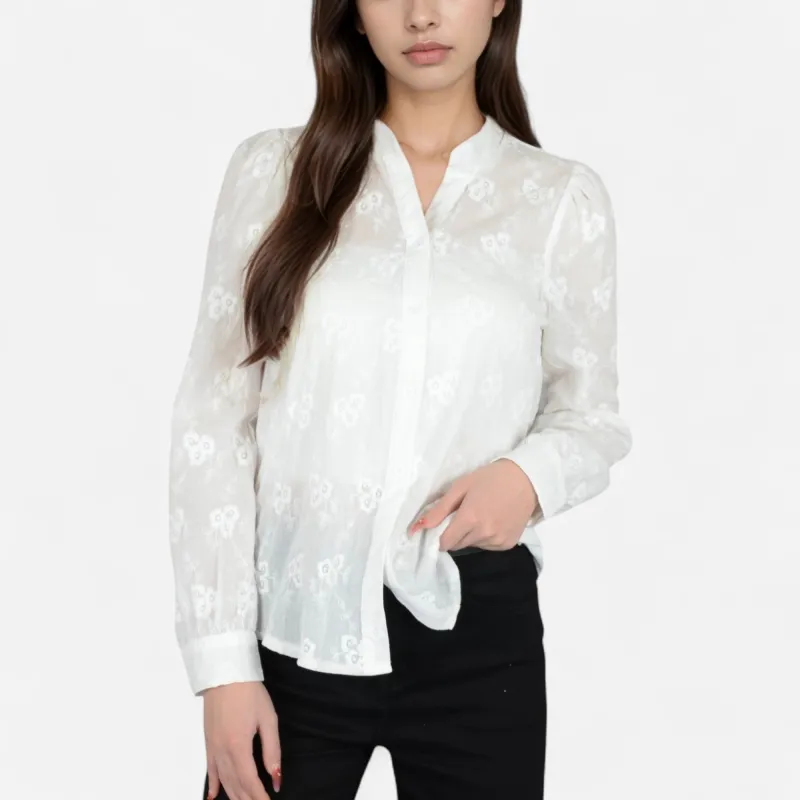 Anna-Kaci Women's Sheer Floral Long Sleeve Blouse with Mandarin Collar and Subtle Embroidered Detail sold by Anna-Kaci