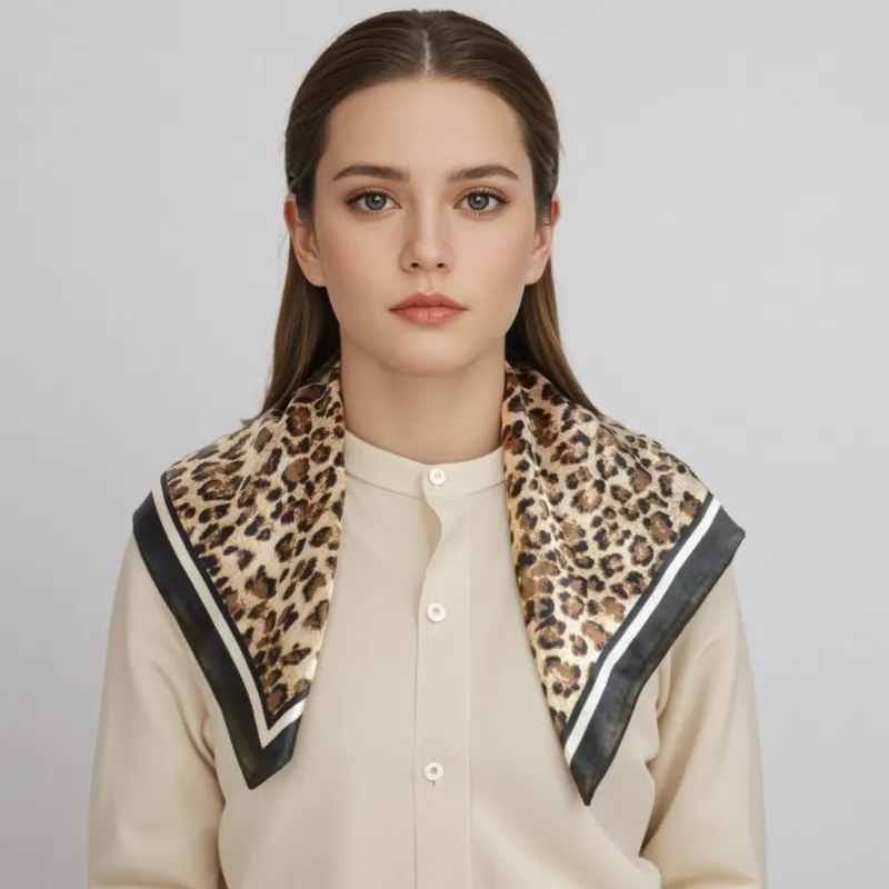 Anna-Kaci Women's Leopard Print Square Scarf with Contrast Border Satin Feel Lightweight Neck Accessory sold by Anna-Kaci
