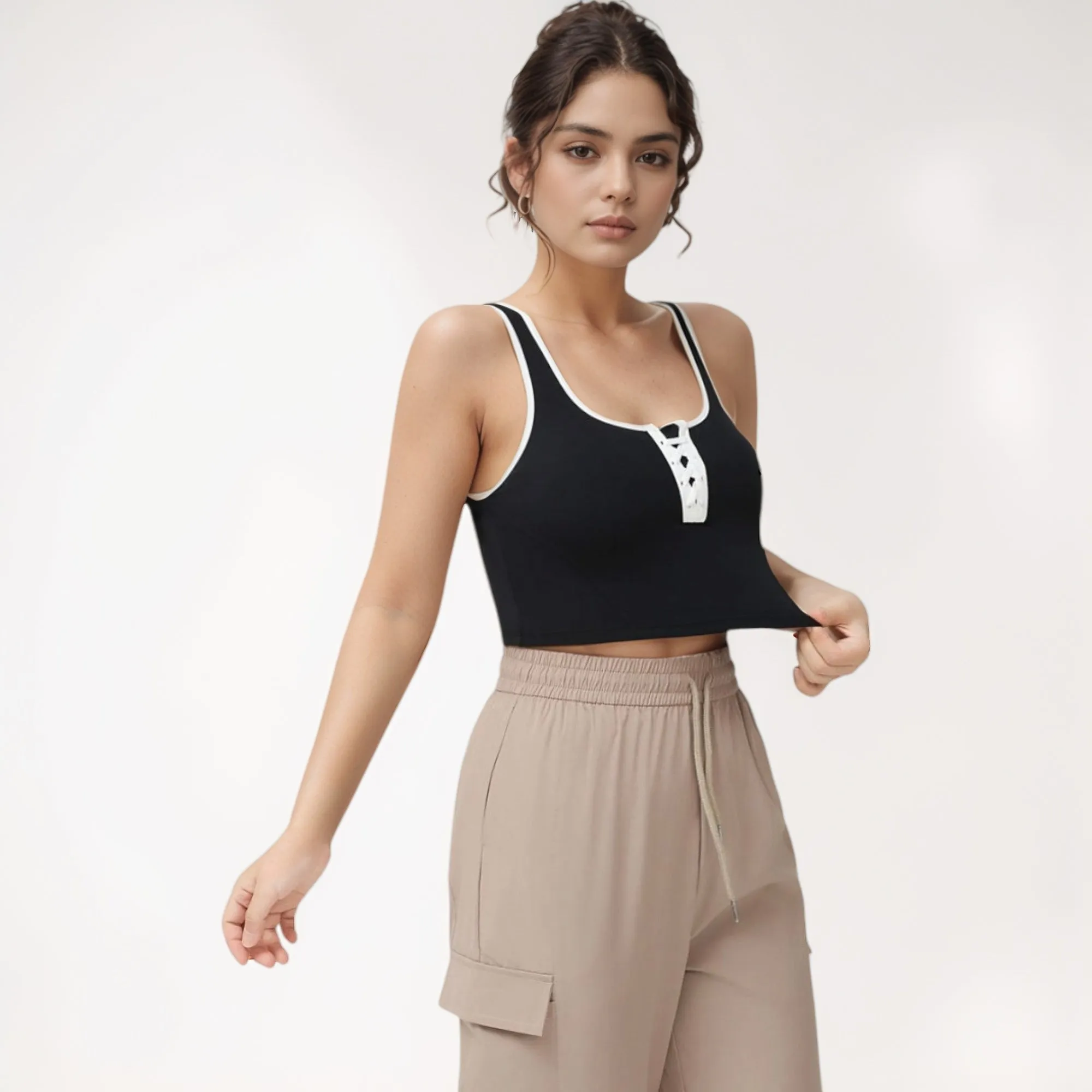 Anna-Kaci Women's Cropped Tank Top with Contrast Trim and Lace-Up Front Detail sold by Anna-Kaci product image thumbnail 4