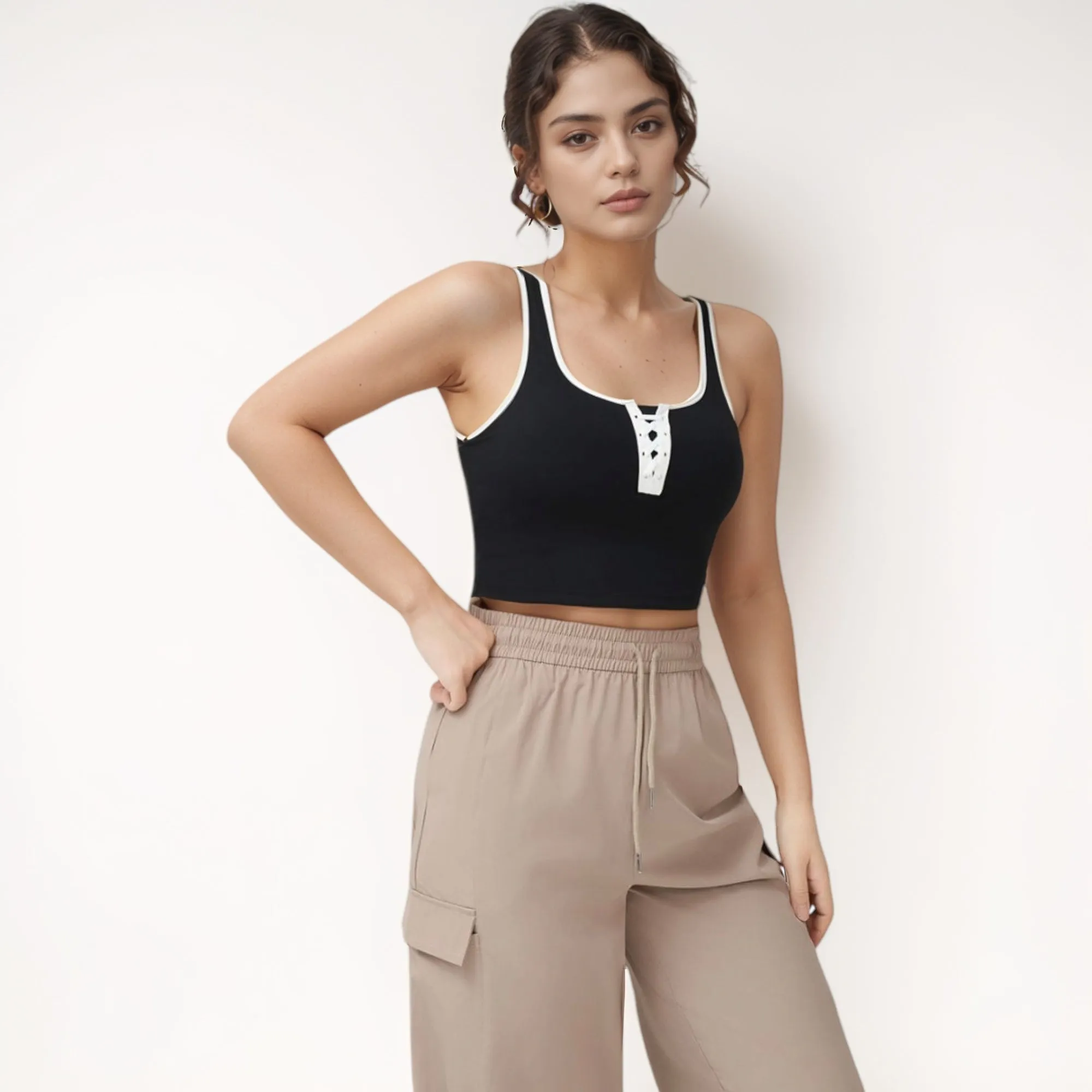 Anna-Kaci Women's Cropped Tank Top with Contrast Trim and Lace-Up Front Detail sold by Anna-Kaci product image thumbnail 2