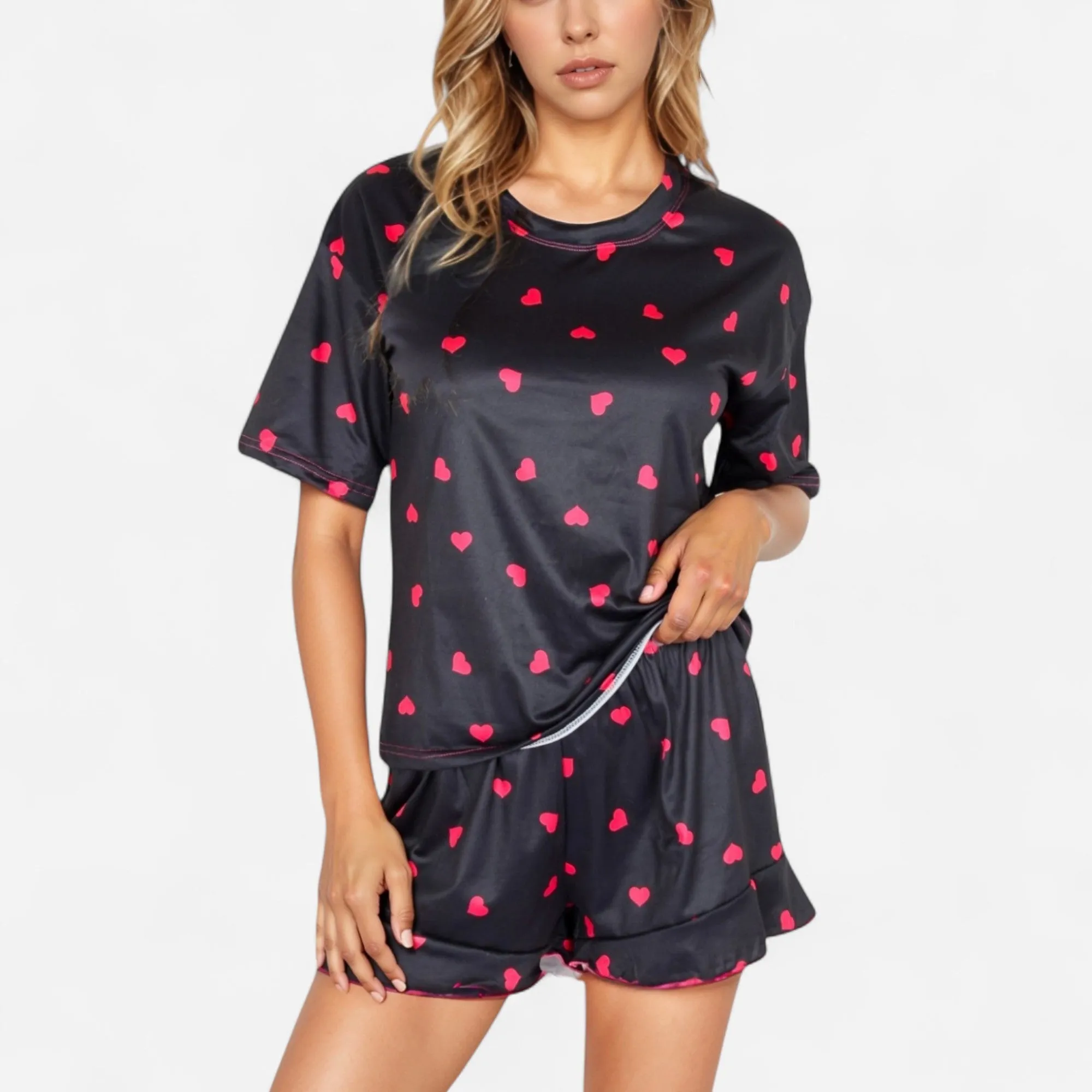Anna-Kaci Women's Heart Print Satin Pajama Set with Short Sleeve Crew Neck Top and Ruffle Trim Lounge Shorts sold by Anna-Kaci
