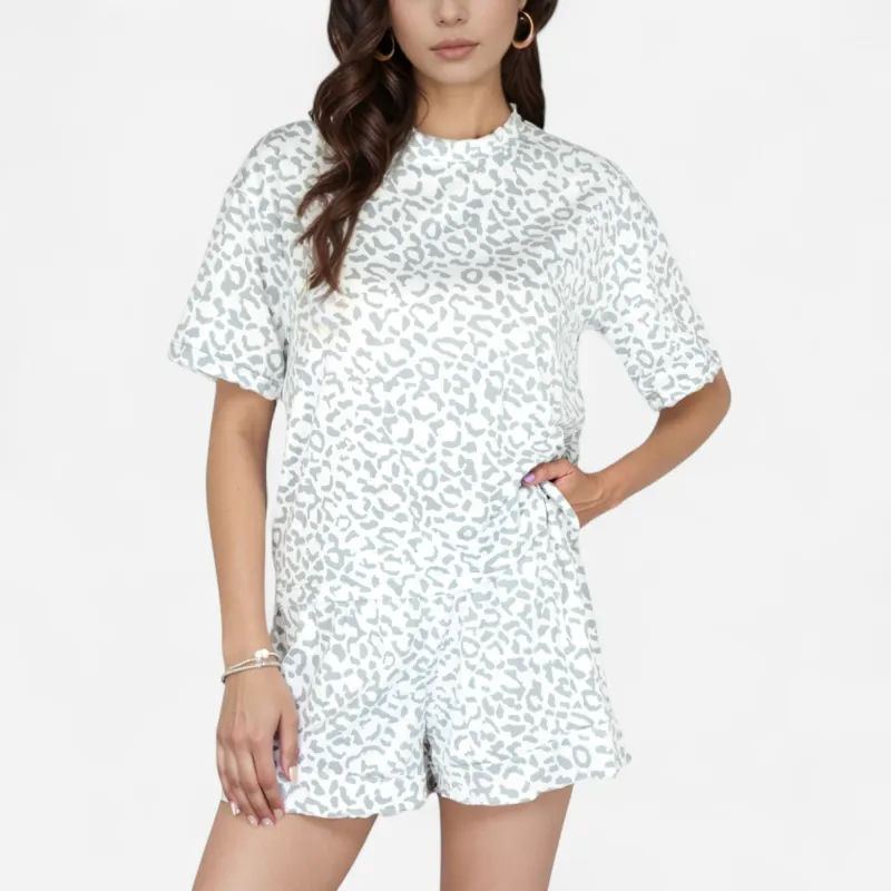 Anna-Kaci Women's Leopard Print Short Sleeve Pajama Set with Crew Neck Top and Relaxed Fit Lounge Shorts sold by Anna-Kaci