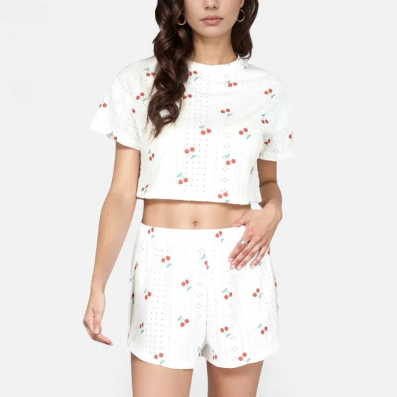 Anna-Kaci Women's Cherry Print Pajama Set with Cropped Short Sleeve Top and High Waist Relaxed Fit Lounge Shorts sold by Anna-Kaci