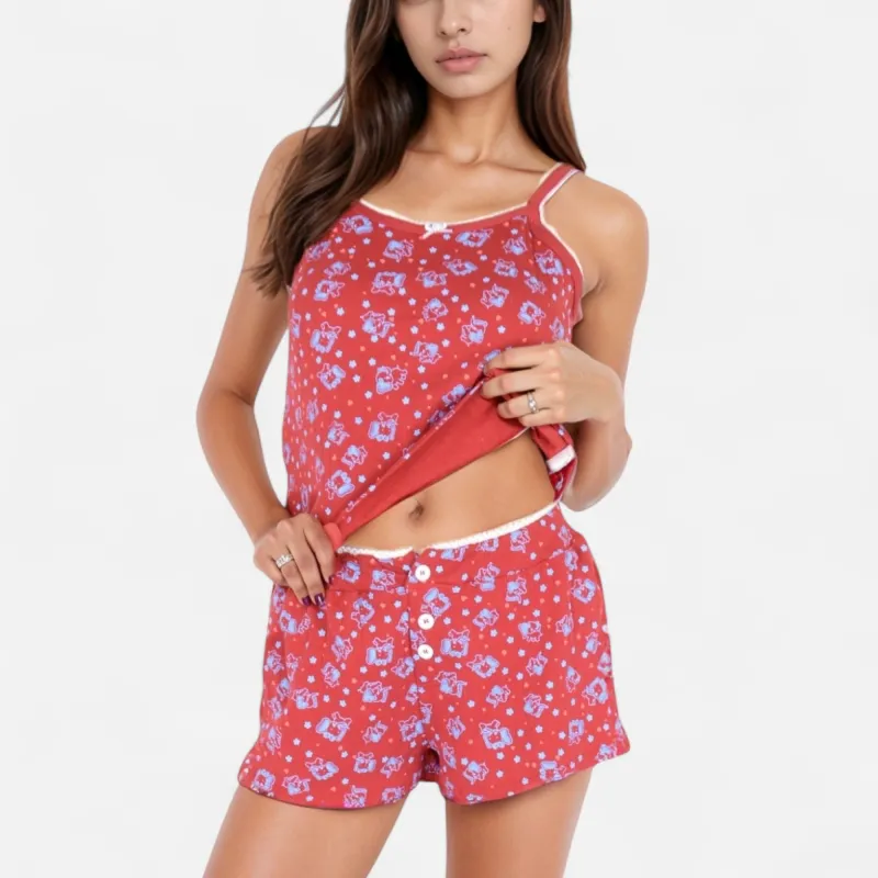 Anna-Kaci Women's Floral Print Cami Pajama Set with Button Trim and Contrast Lace Edging sold by Anna-Kaci
