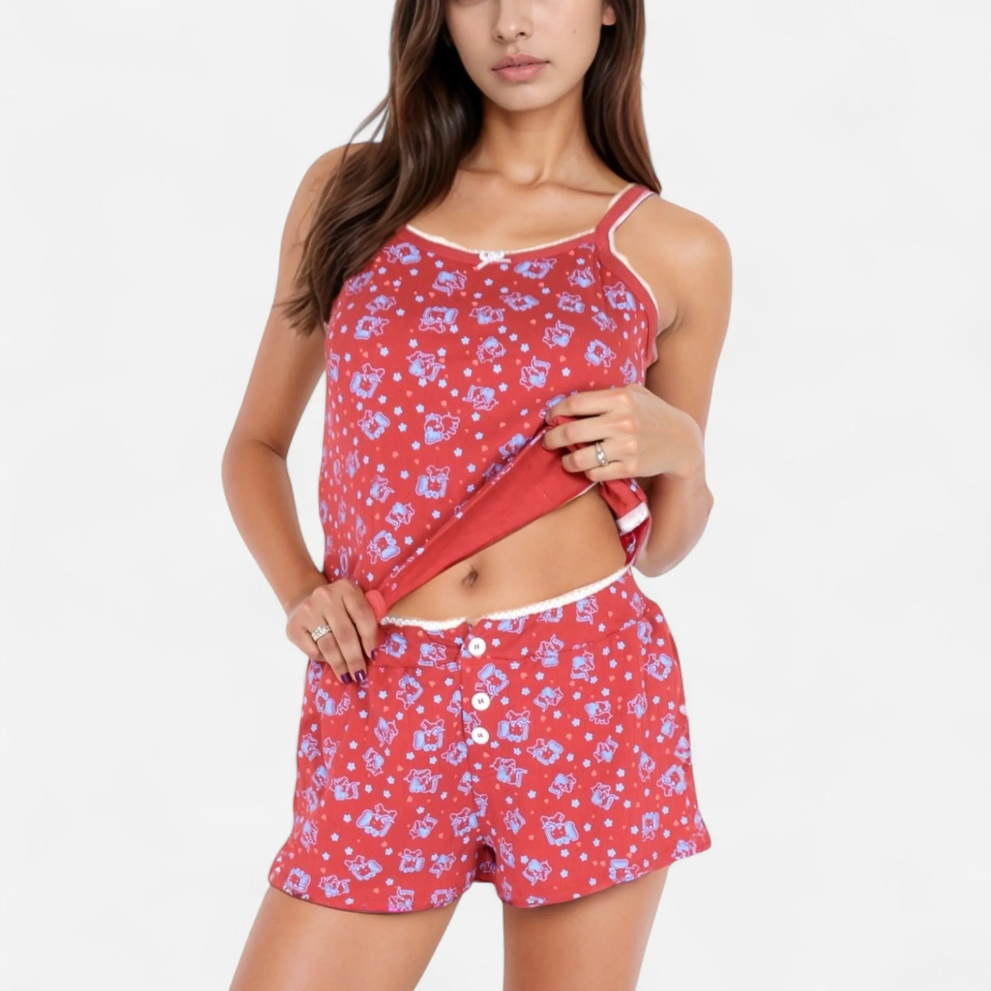 Anna-Kaci Women's Floral Print Cami Pajama Set with Button Trim and Contrast Lace Edging sold by Anna-Kaci