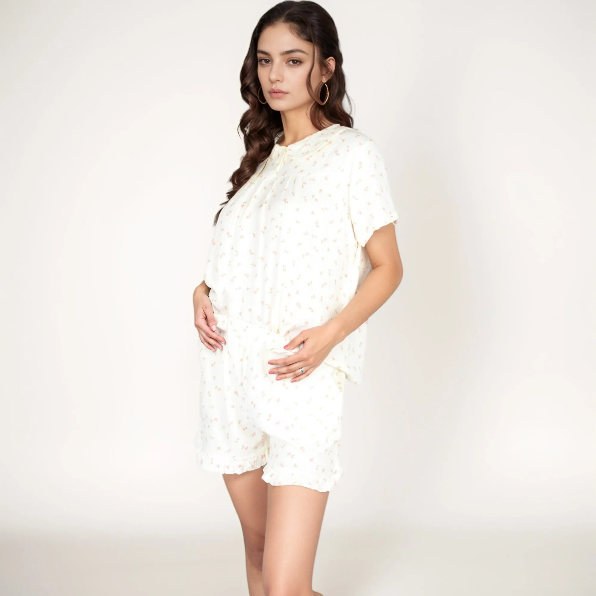 Anna-Kaci Women's Ditsy Floral Pajama Lounge Set with Ruffle Hem Shorts and Short Sleeve Pintuck Top sold by Anna-Kaci product image thumbnail 2