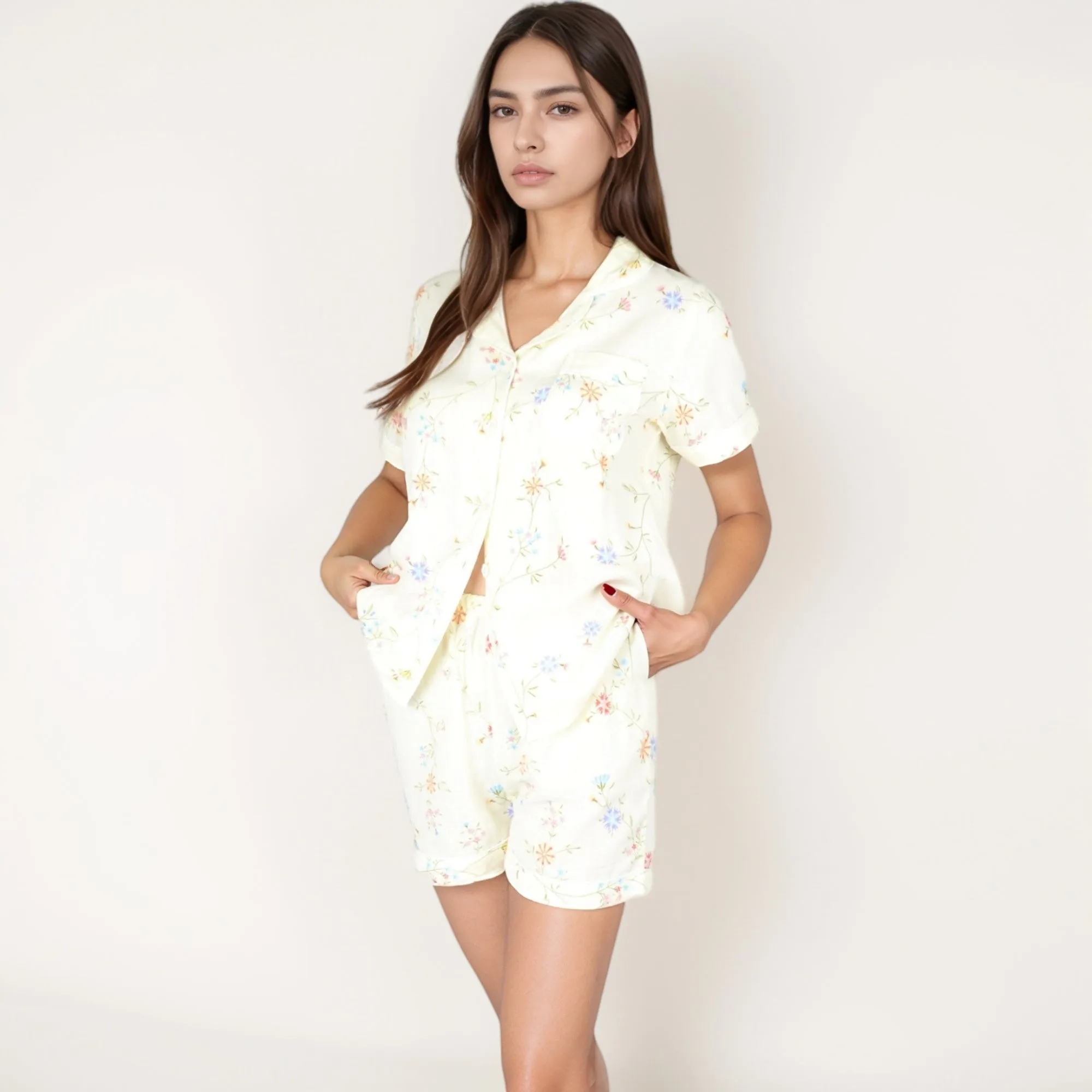 Anna-Kaci Women's Floral Short Sleeve Button-Up Pajama Shirt and Lounge Shorts Set with Rolled Cuffs sold by Anna-Kaci product image thumbnail 4