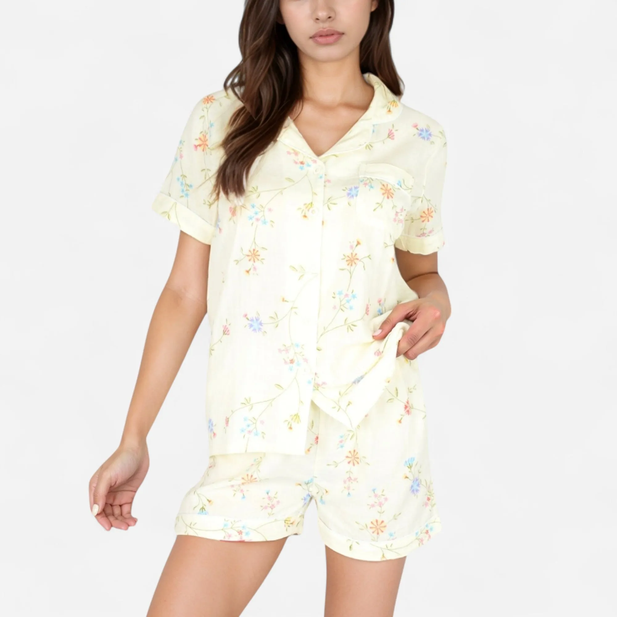 Anna-Kaci Women's Floral Short Sleeve Button-Up Pajama Shirt and Lounge Shorts Set with Rolled Cuffs sold by Anna-Kaci