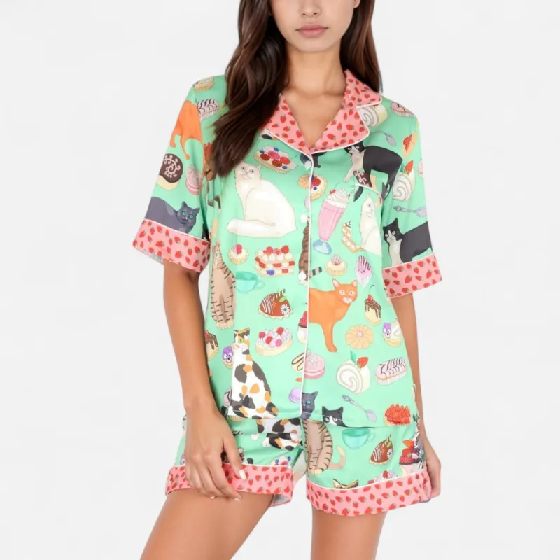 Anna-Kaci Women's Cat and Dessert Print Pajama Set with Short Sleeve Button-Up Top and Strawberry Trim Shorts sold by Anna-Kaci